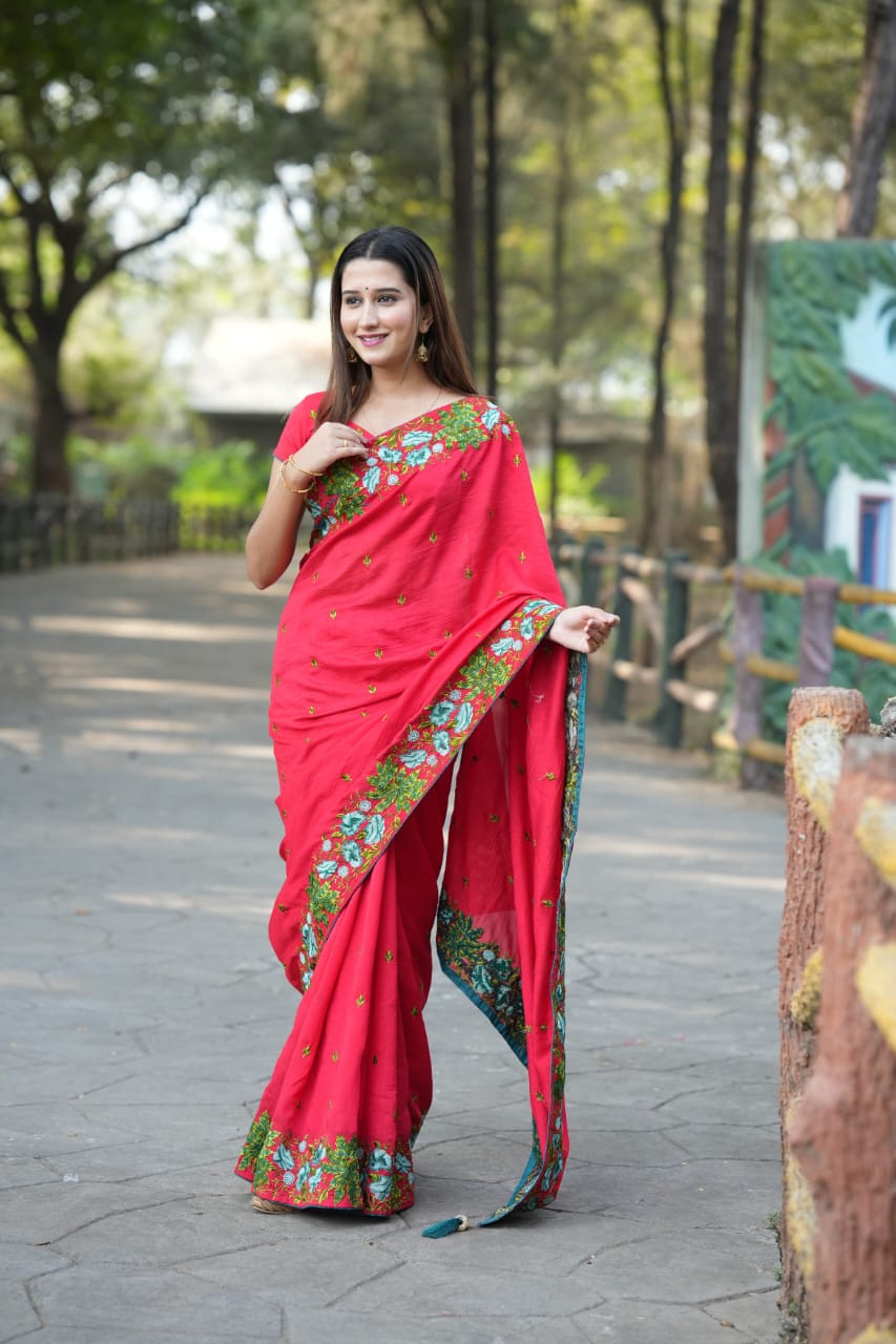 Made from semi-Tussar silk, offering a soft, lightweight feel with Resham thread embroidery for a rich, handcrafted look