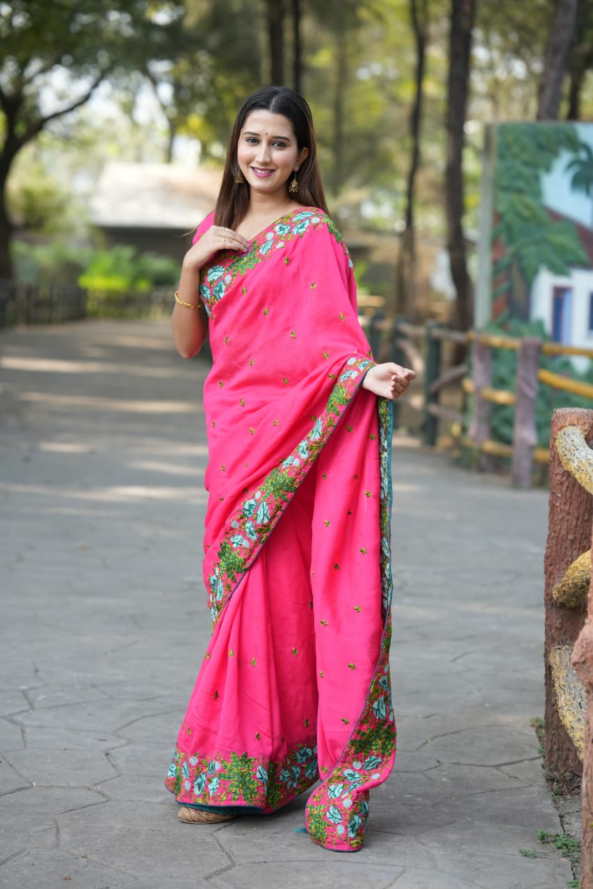 Made from semi-Tussar silk, offering a soft, lightweight feel with Resham thread embroidery for a rich, handcrafted look