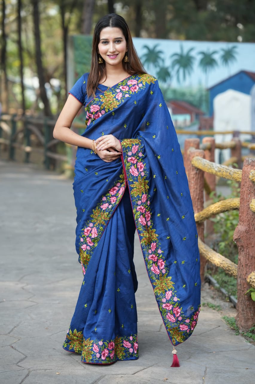 Made from semi-Tussar silk, offering a soft, lightweight feel with Resham thread embroidery for a rich, handcrafted look