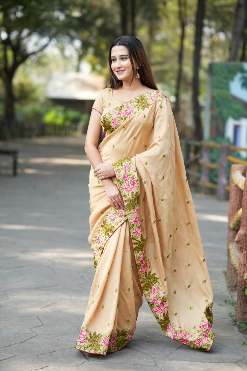 Made from semi-Tussar silk, offering a soft, lightweight feel with Resham thread embroidery for a rich, handcrafted look