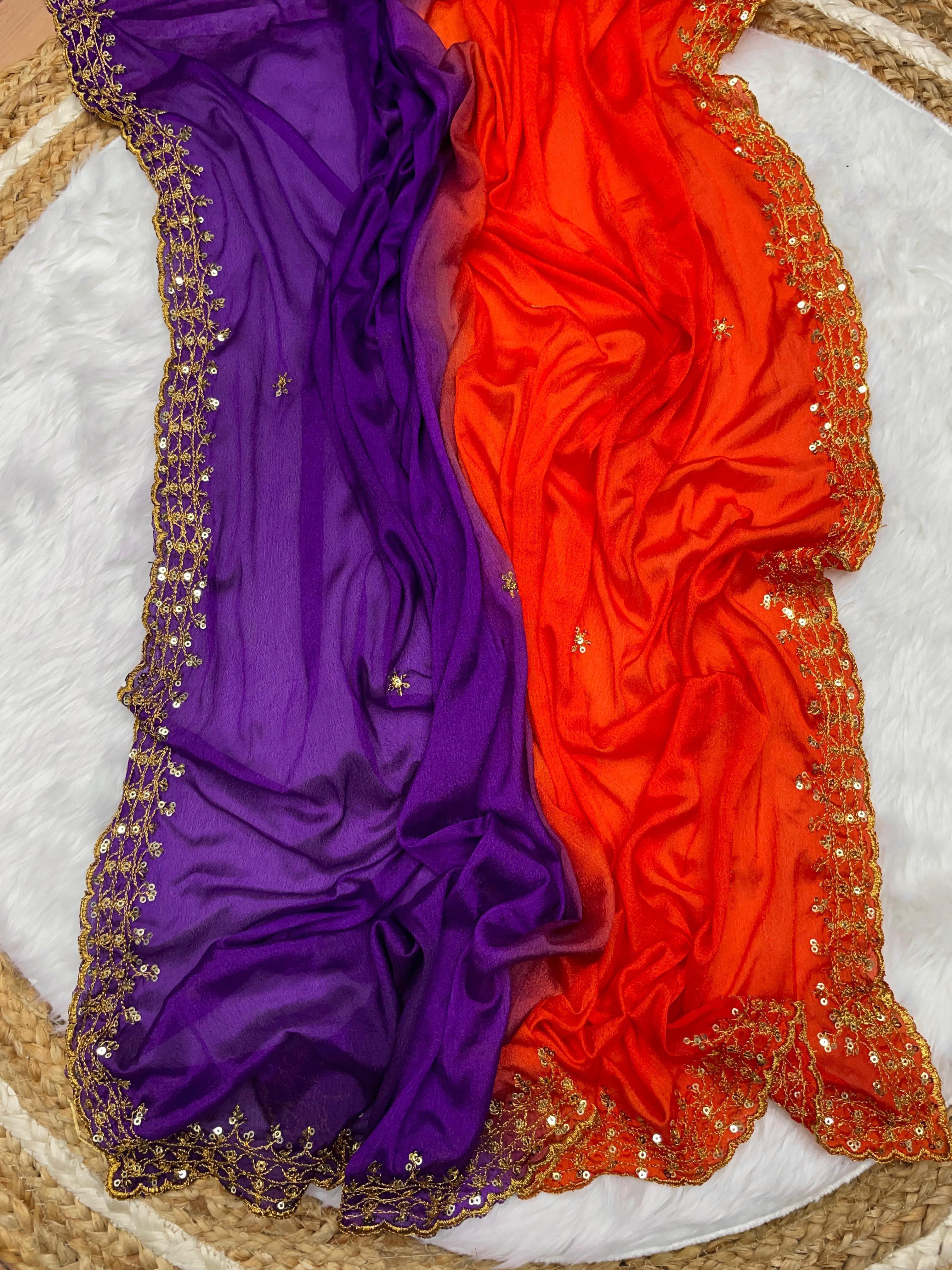 Soft Hand Dyeing Chinnon Saree With *Heavy Embroidery Sequence And Jari Work And Border Arca*&nbsp;&nbsp;