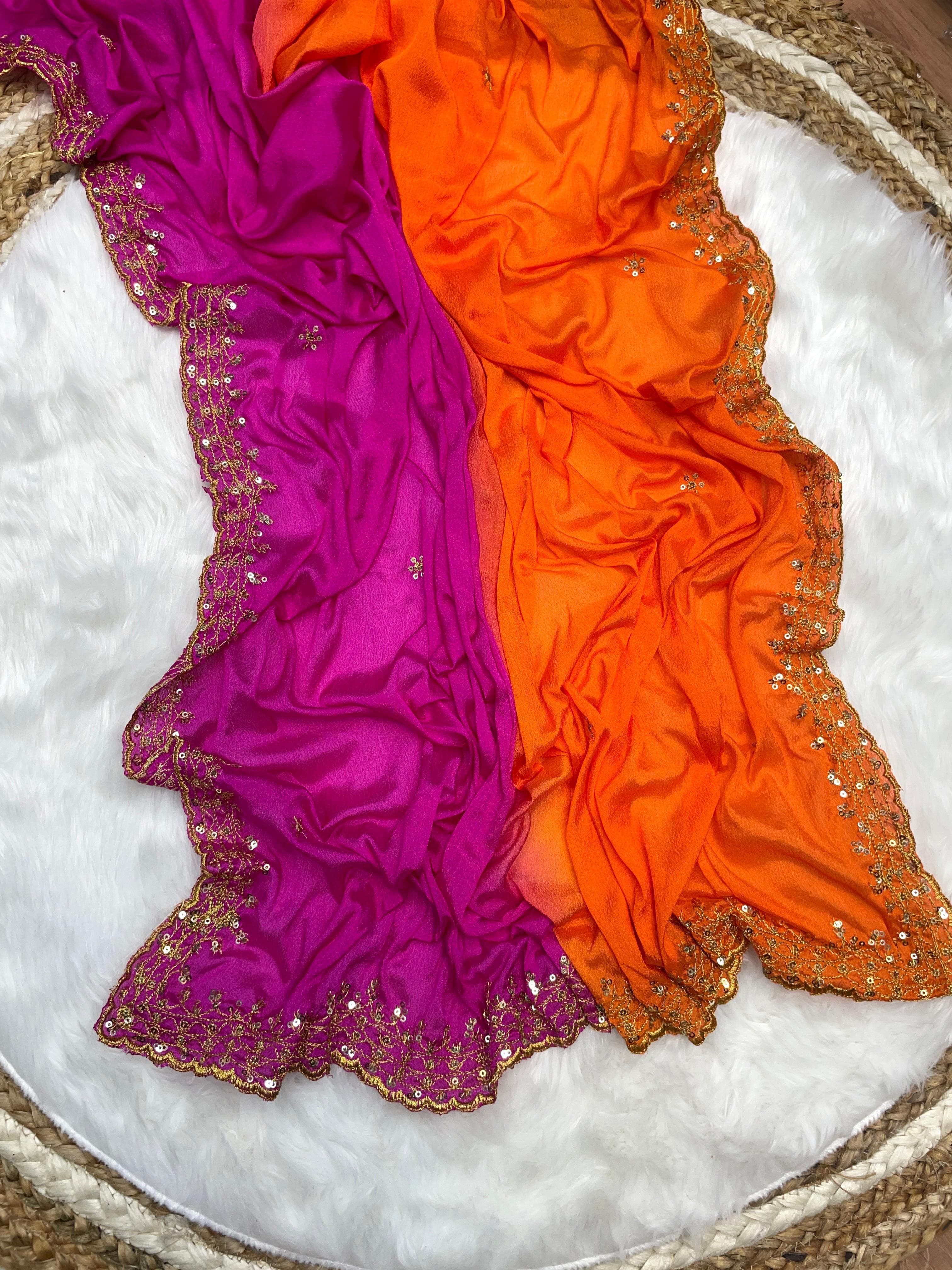 Soft Hand Dyeing Chinnon Saree With *Heavy Embroidery Sequence And Jari Work And Border Arca*&nbsp;&nbsp;