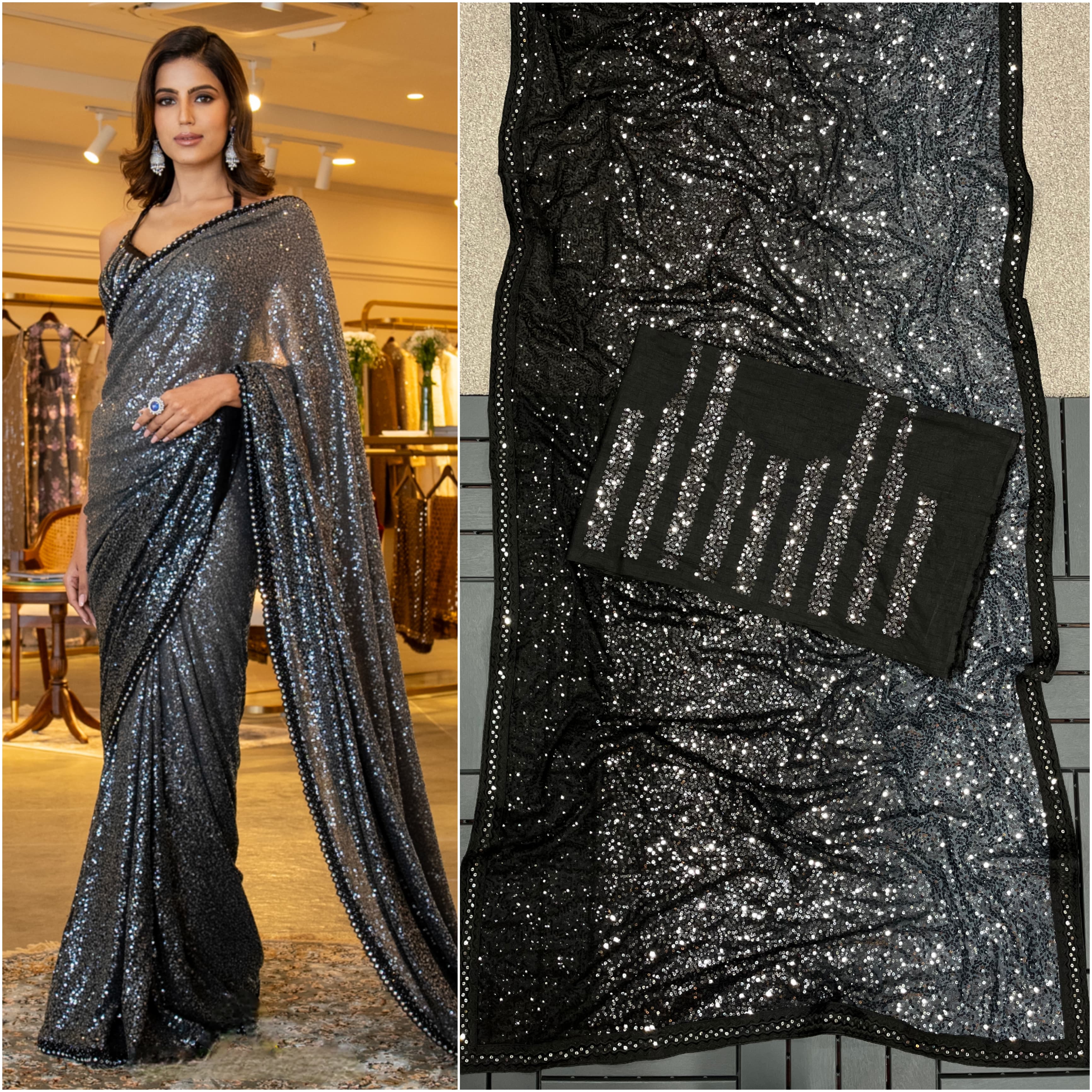 Full Saree Of Heavy 60 Gram Georgette padding Grey to black