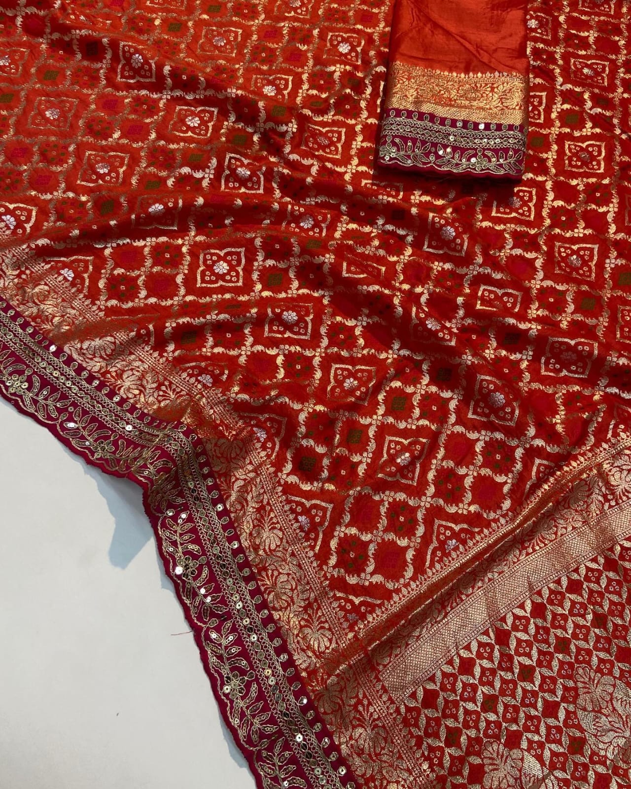 Pure Soft Russian Bandhej Silk Pattu Saree With Antique Bandhej Weaving Design on All Ove