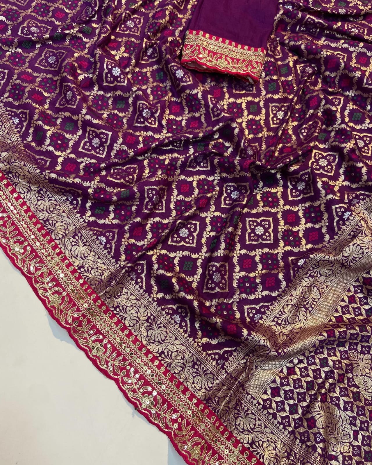 Pure Soft Russian Bandhej Silk Pattu Saree With Antique Bandhej Weaving Design on All Ove