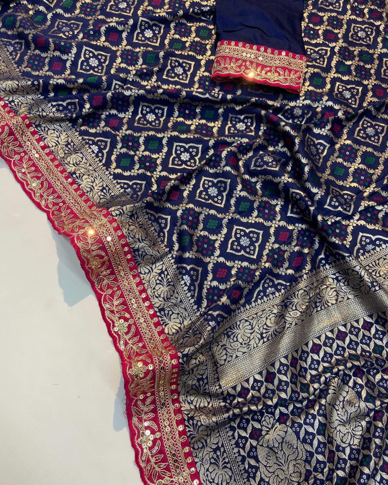 Pure Soft Russian Bandhej Silk Pattu Saree With Antique Bandhej Weaving Design on All Ove