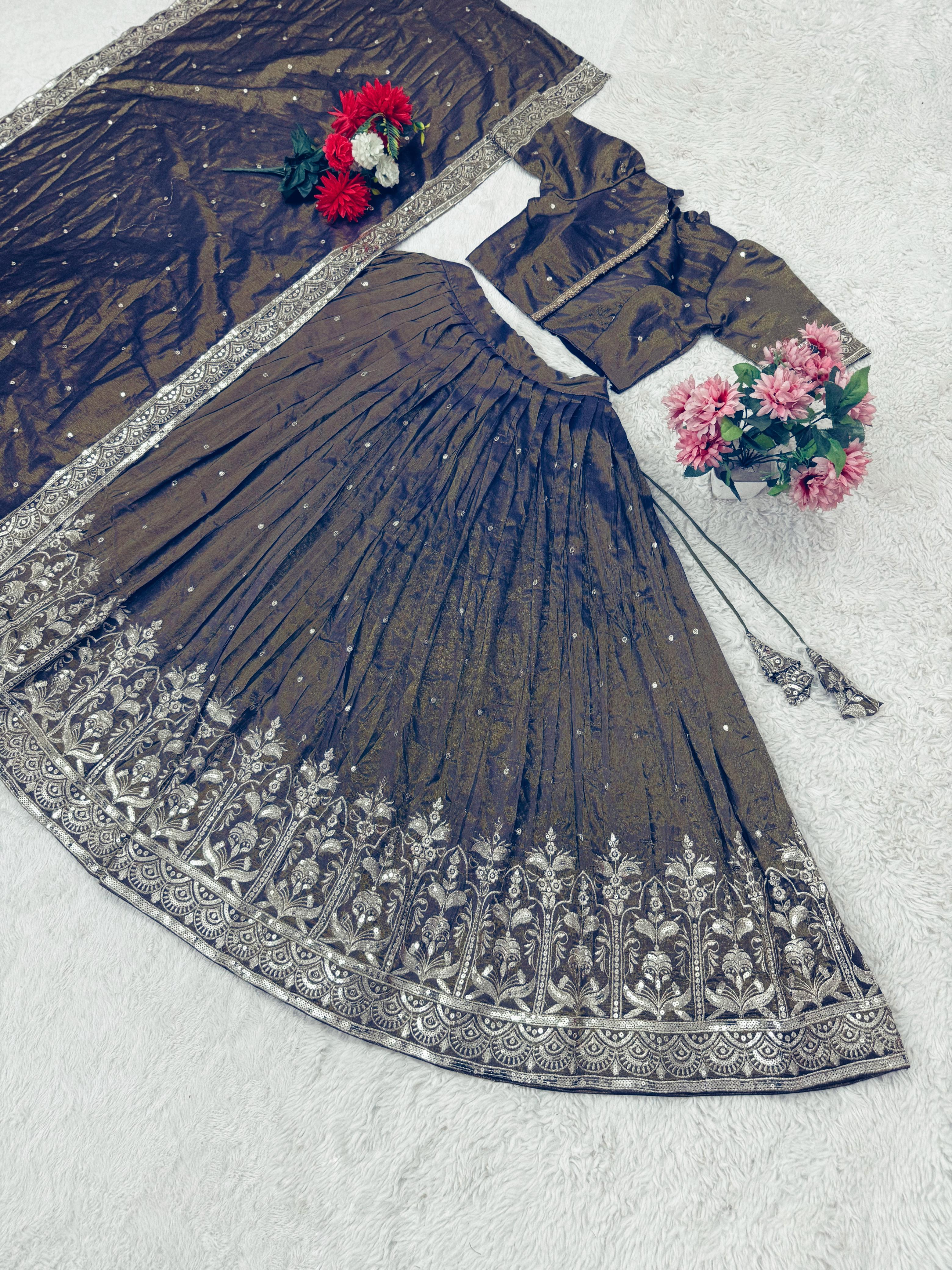 New Launching Pongal Special Stitched Soft Tissue Silk Lehenga choli With Beautiful Sequins Embroidery Work perfect blend of luxury and tradition For This New Year and Festive season*