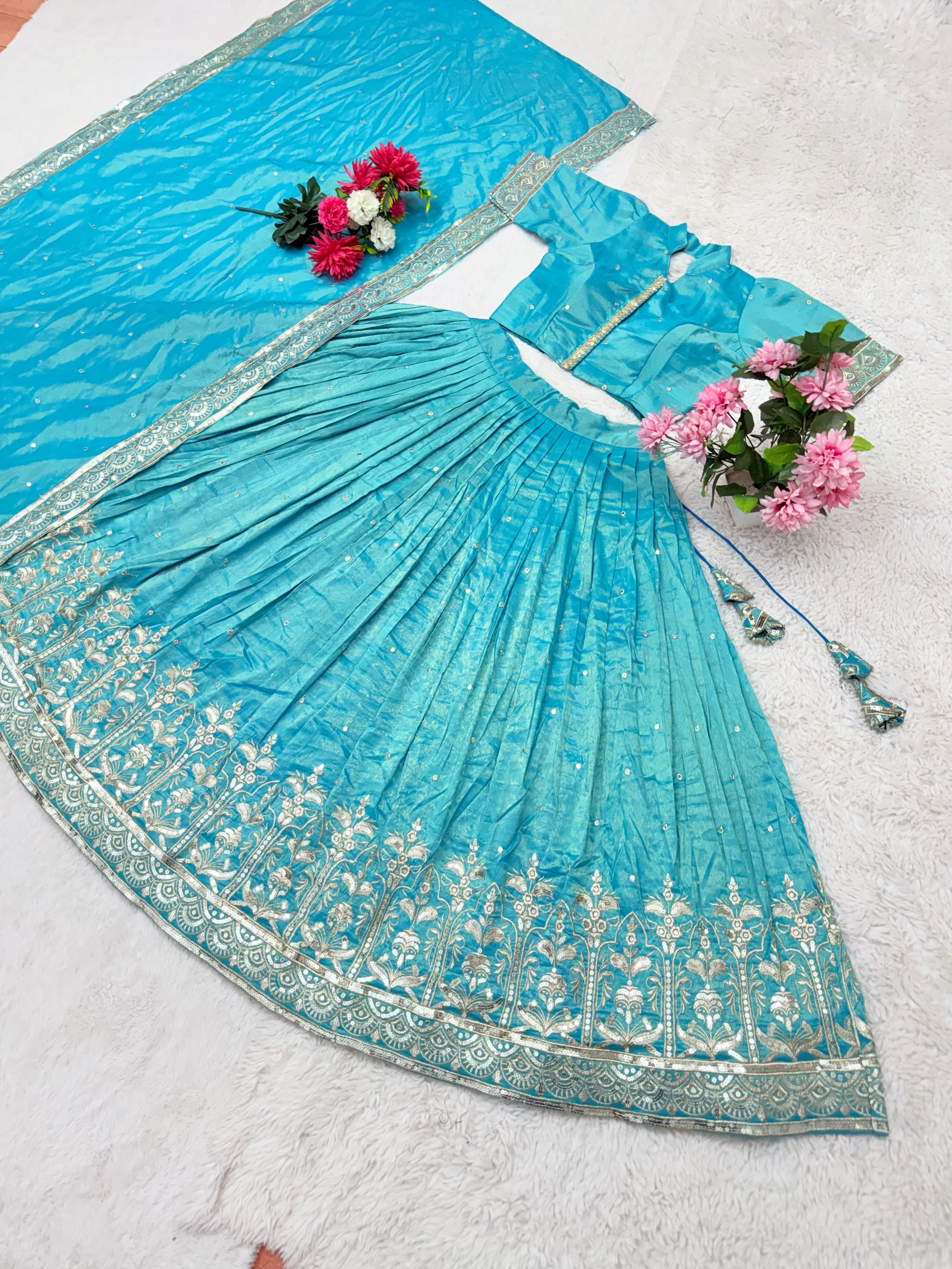 New Launching Pongal Special Stitched Soft Tissue Silk Lehenga choli With Beautiful Sequins Embroidery Work perfect blend of luxury and tradition For This New Year and Festive season*