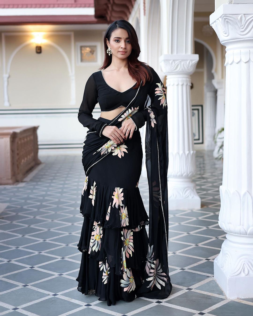 Super Hit Georgette Ruffle Ready To Wear Saree With Readymade Blouse Design Launch*