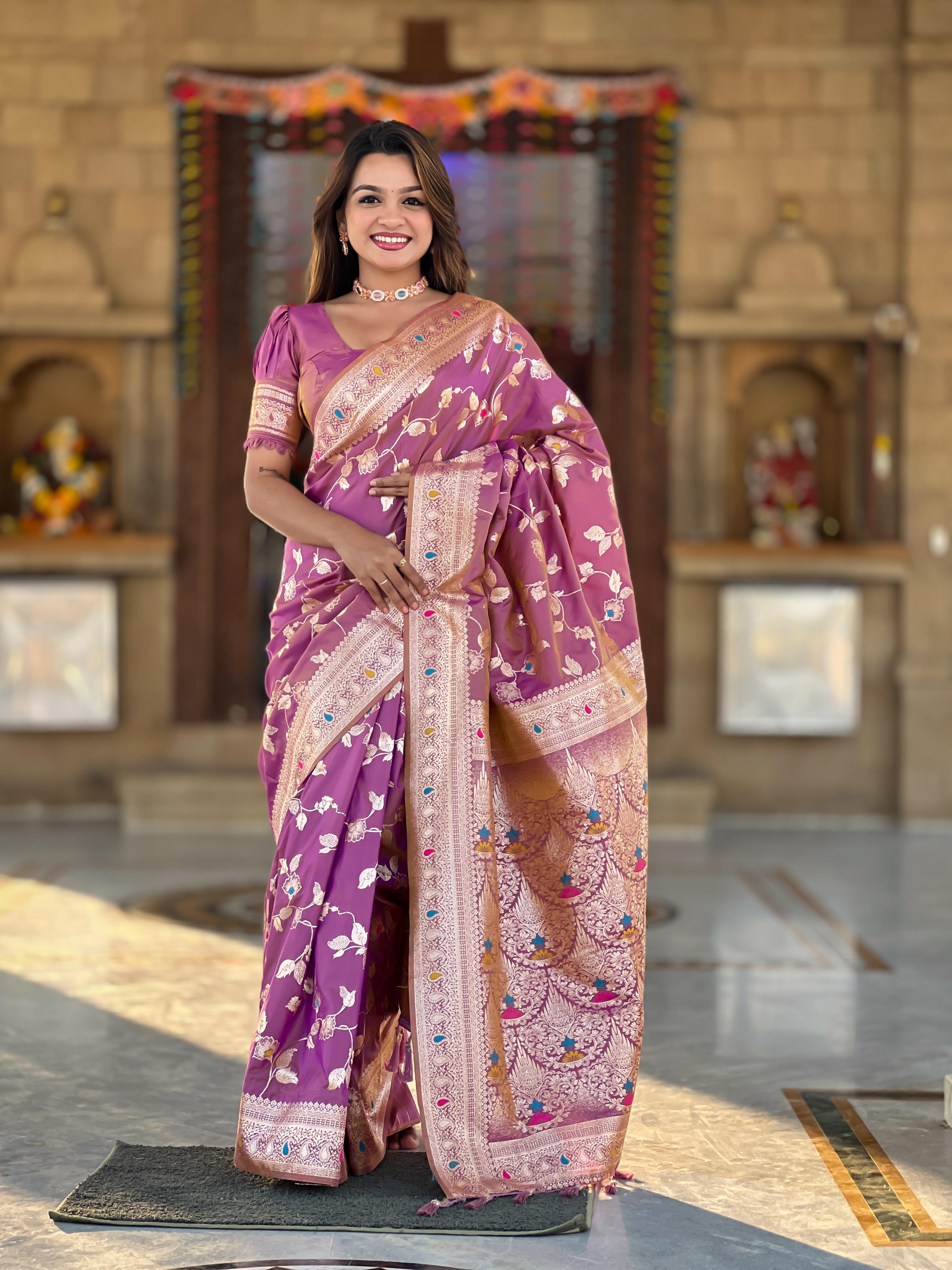 Soft Banarasi silk saree with zari weaving Meenakari touchup design all over the saree &amp; Meenakari weawing Rich pallu