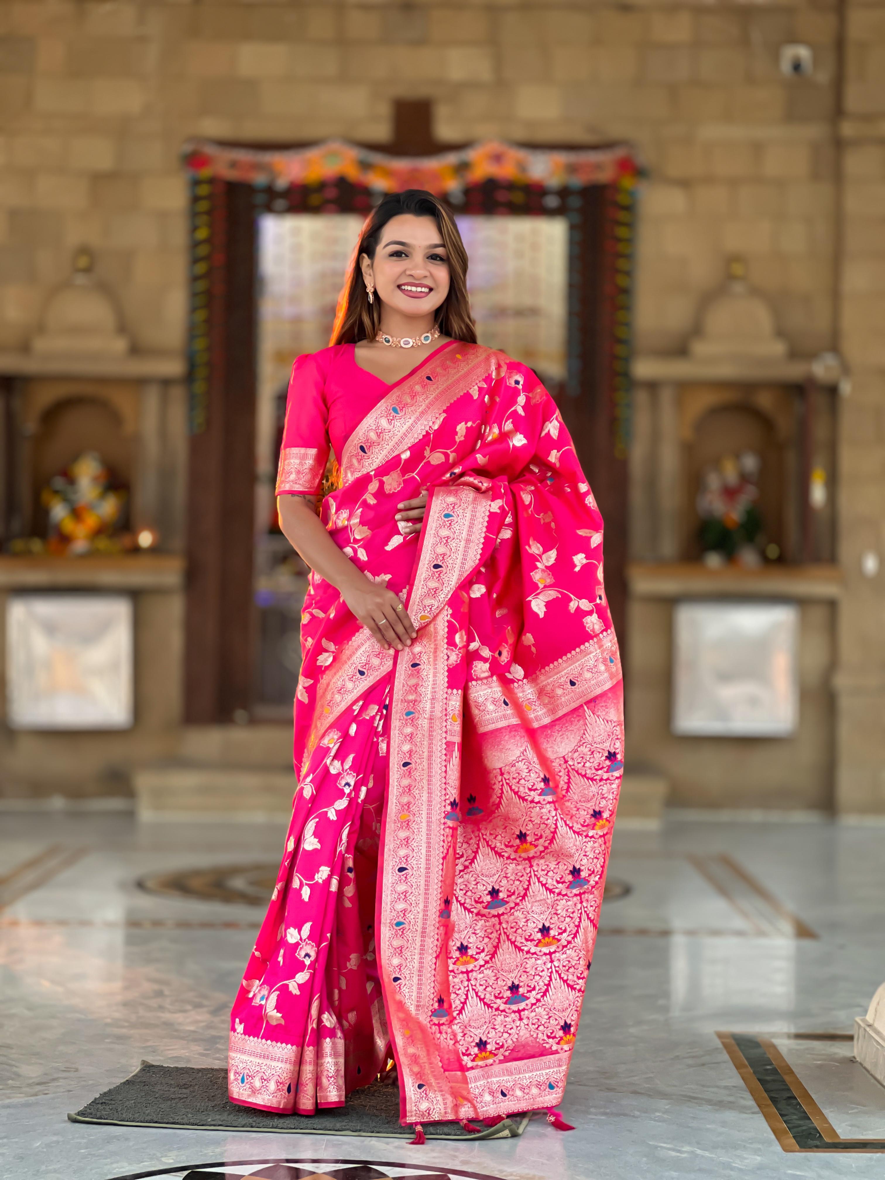 Soft Banarasi silk saree with zari weaving Meenakari touchup design all over the saree &amp; Meenakari weawing Rich pallu