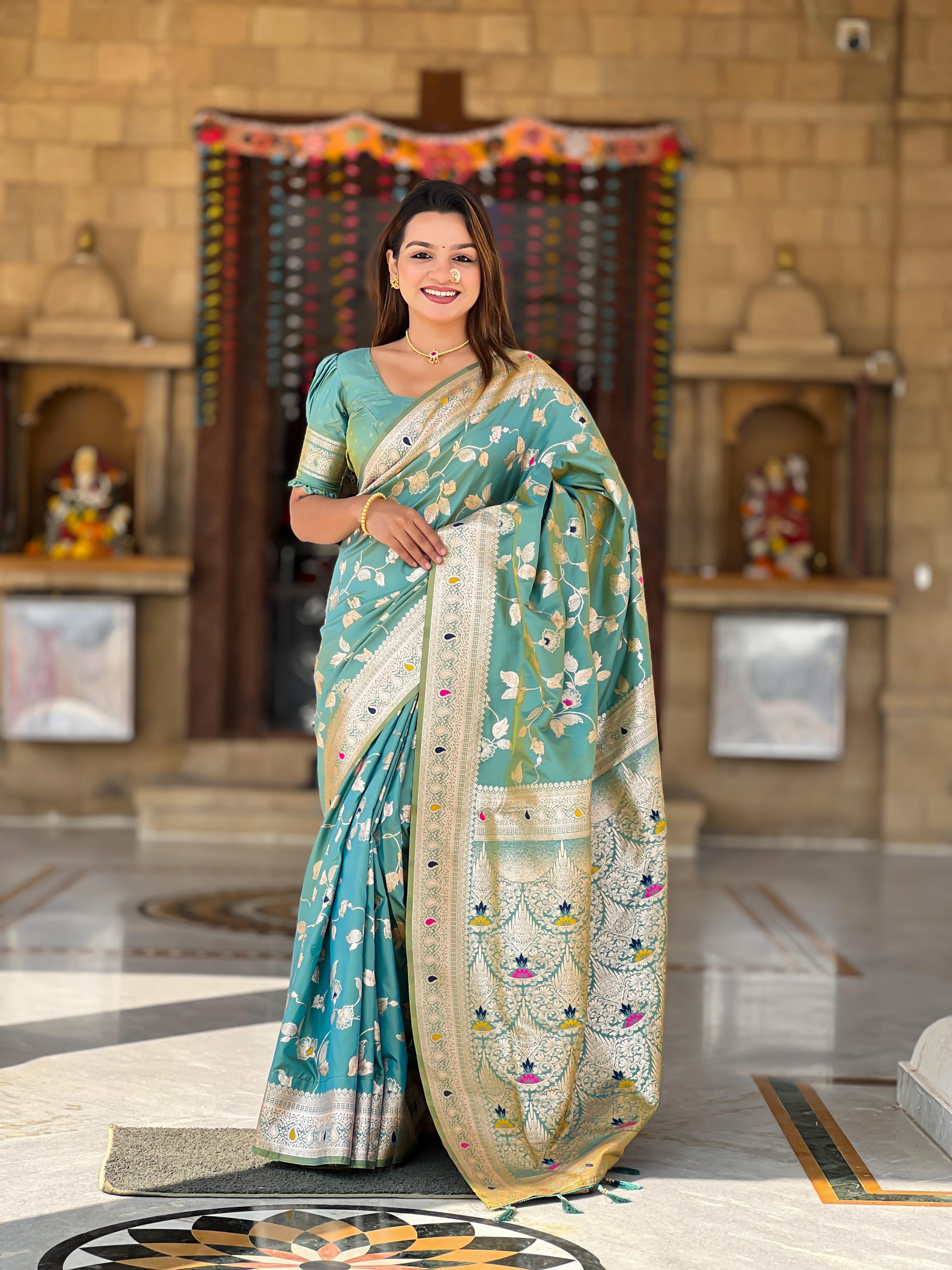 Soft Banarasi silk saree with zari weaving Meenakari touchup design all over the saree &amp; Meenakari weawing Rich pallu