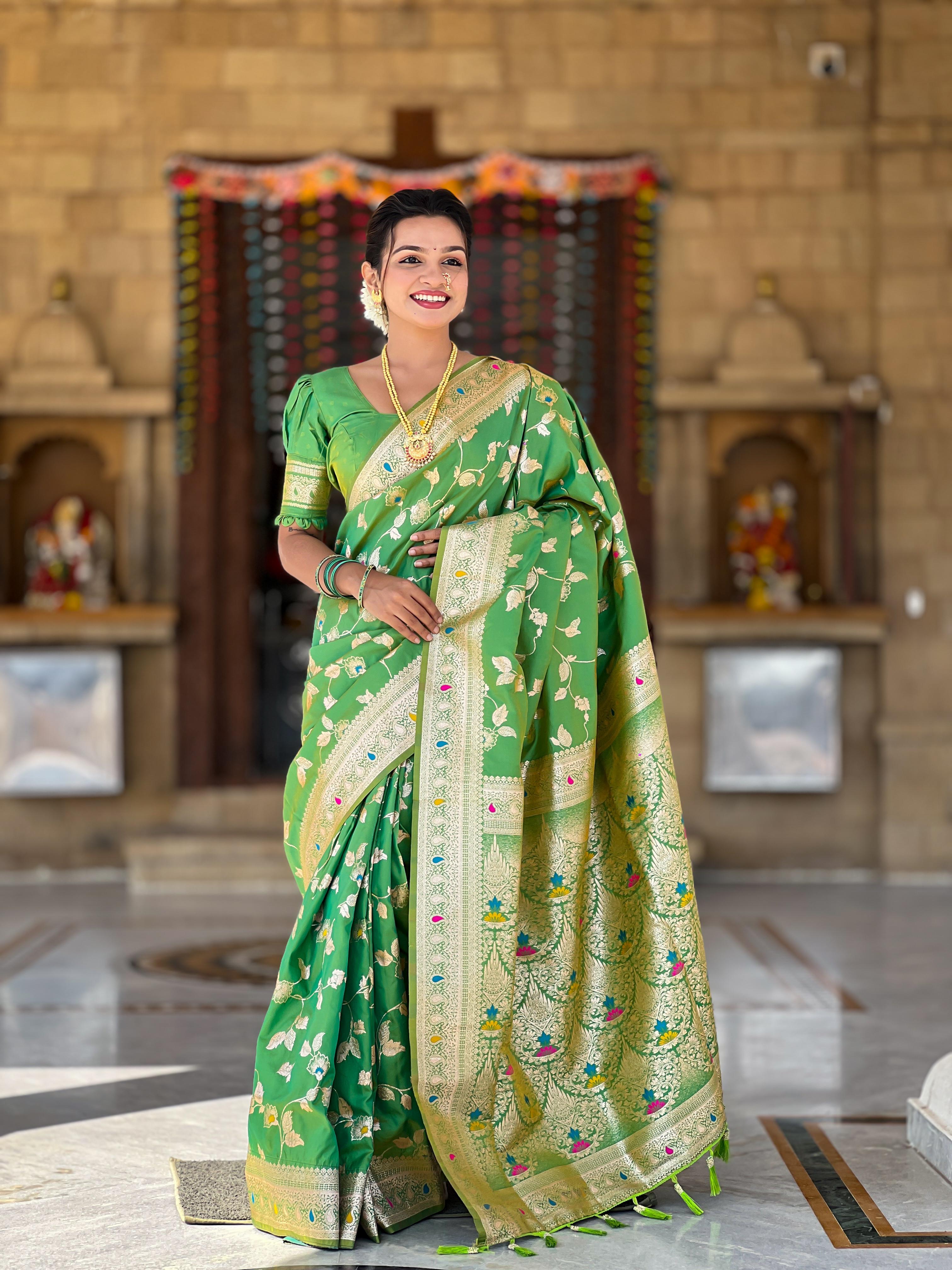 Soft Banarasi silk saree with zari weaving Meenakari touchup design all over the saree &amp; Meenakari weawing Rich pallu