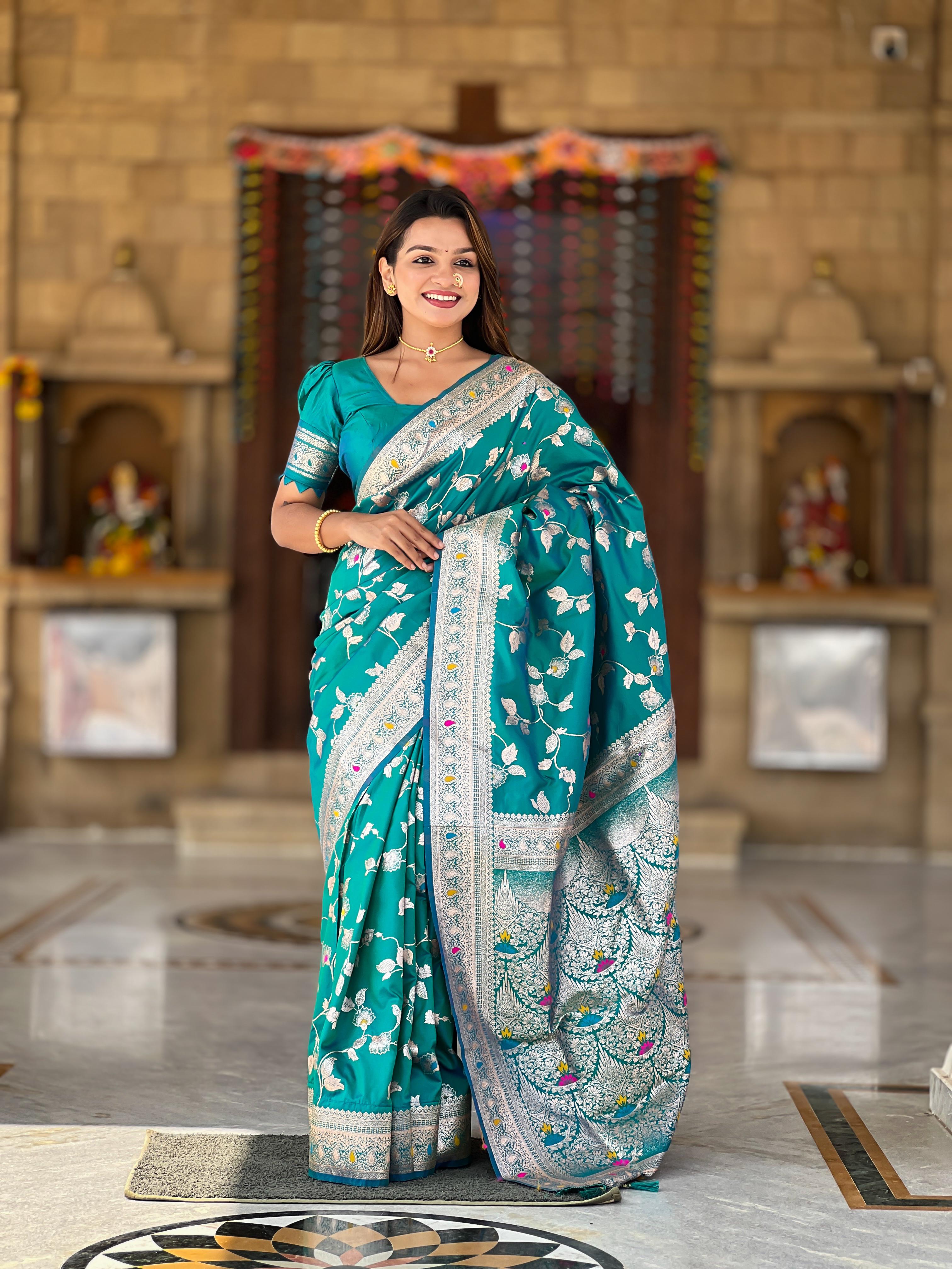 Soft Banarasi silk saree with zari weaving Meenakari touchup design all over the saree &amp; Meenakari weawing Rich pallu