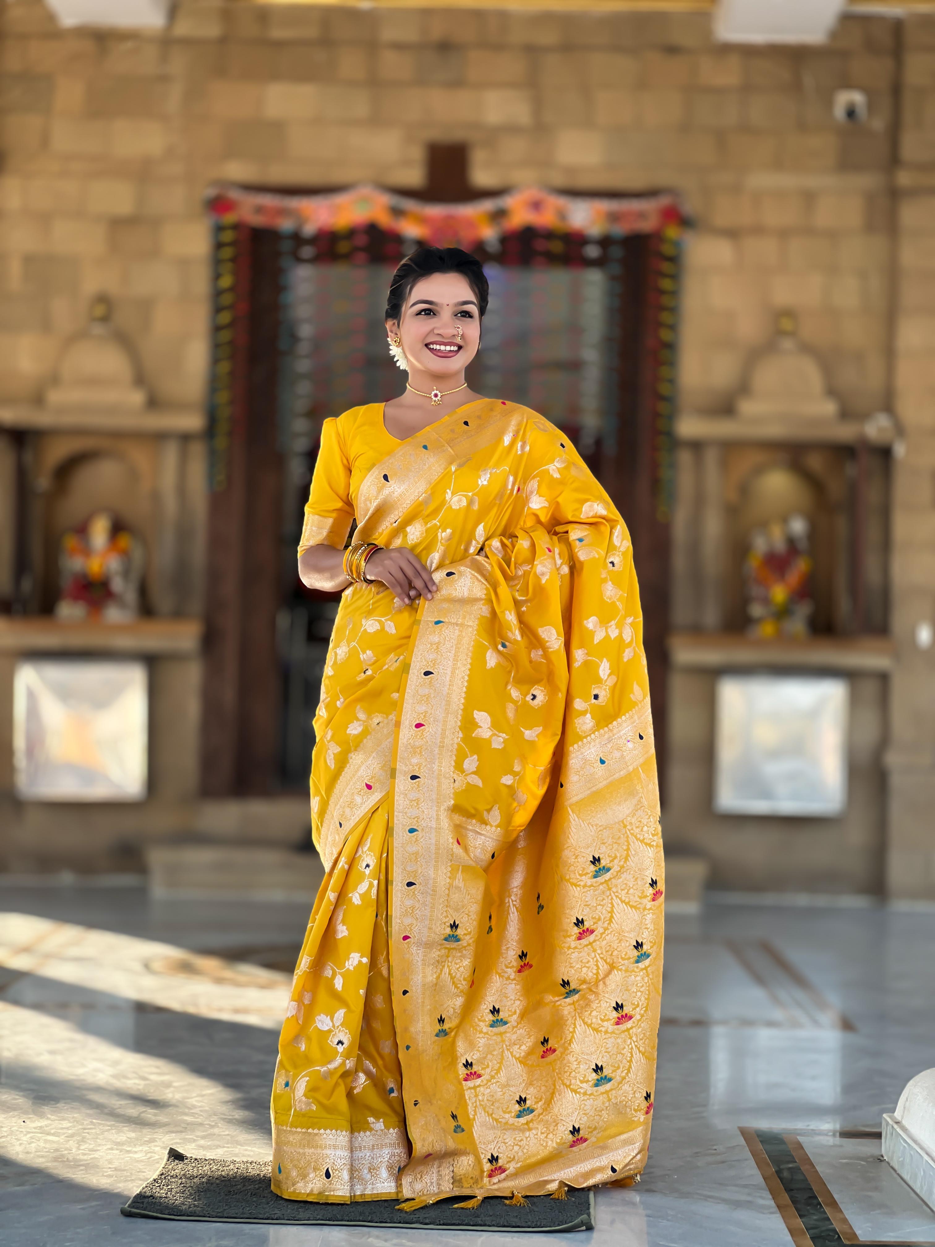 Soft Banarasi silk saree with zari weaving Meenakari touchup design all over the saree &amp; Meenakari weawing Rich pallu