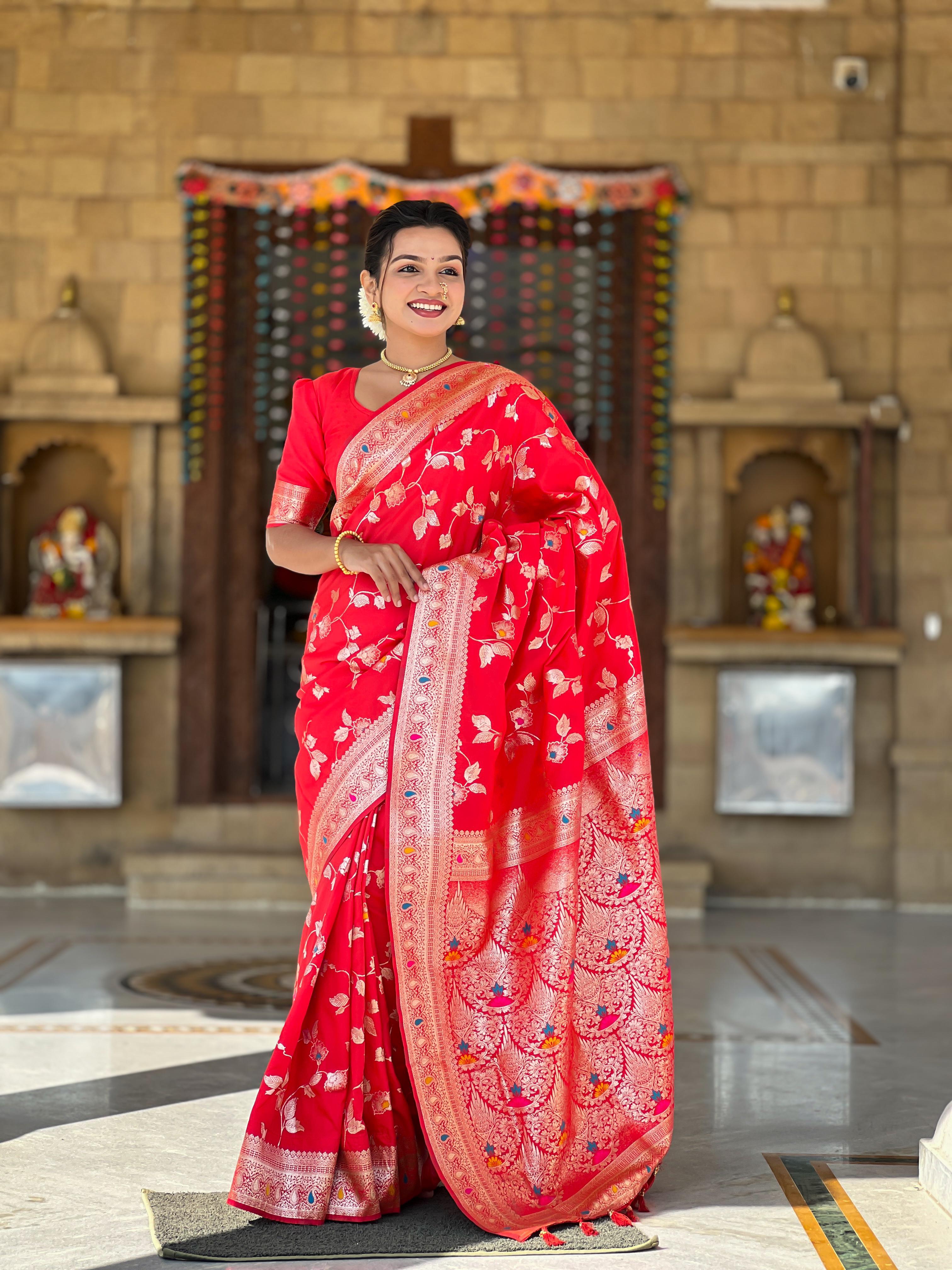 Soft Banarasi silk saree with zari weaving Meenakari touchup design all over the saree &amp; Meenakari weawing Rich pallu