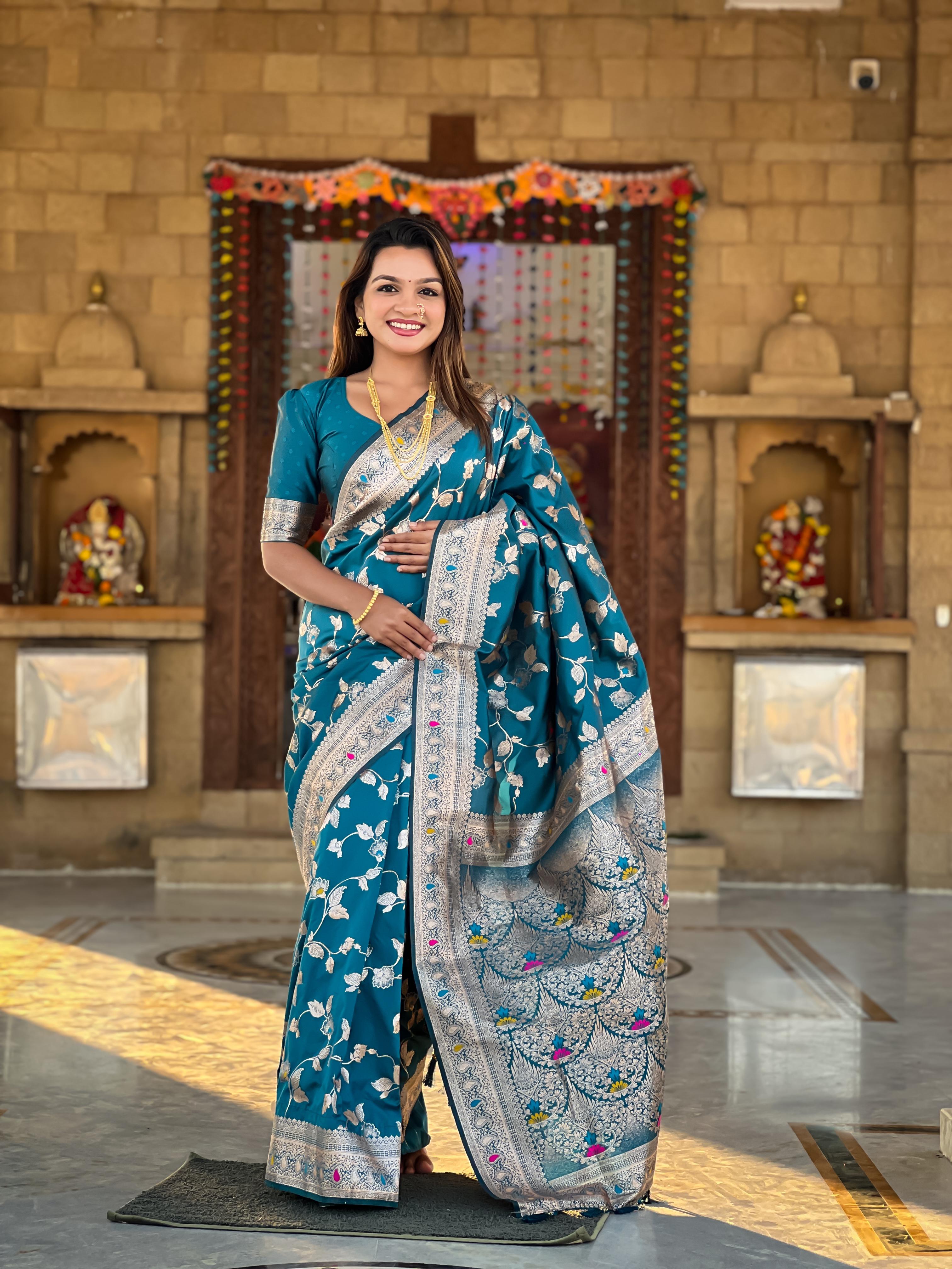 Soft Banarasi silk saree with zari weaving Meenakari touchup design all over the saree &amp; Meenakari weawing Rich pallu