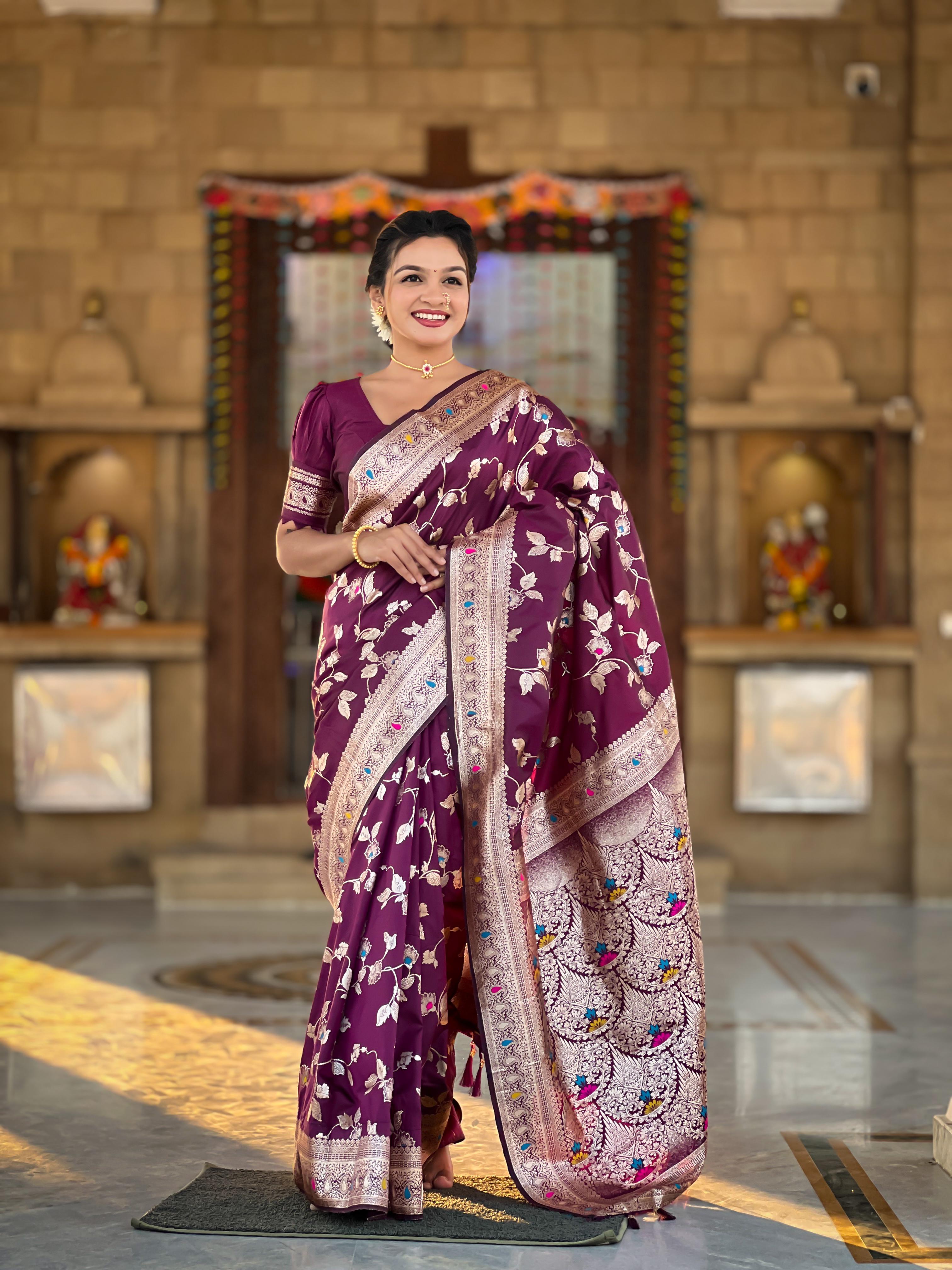 Soft Banarasi silk saree with zari weaving Meenakari touchup design all over the saree &amp; Meenakari weawing Rich pallu