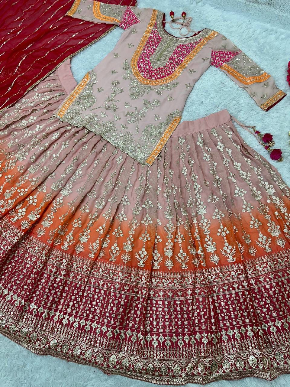 DESIGNER EMBROIDERY SEQUENCE WORK TOP LEHENGAS WITH DUPATTA SET*