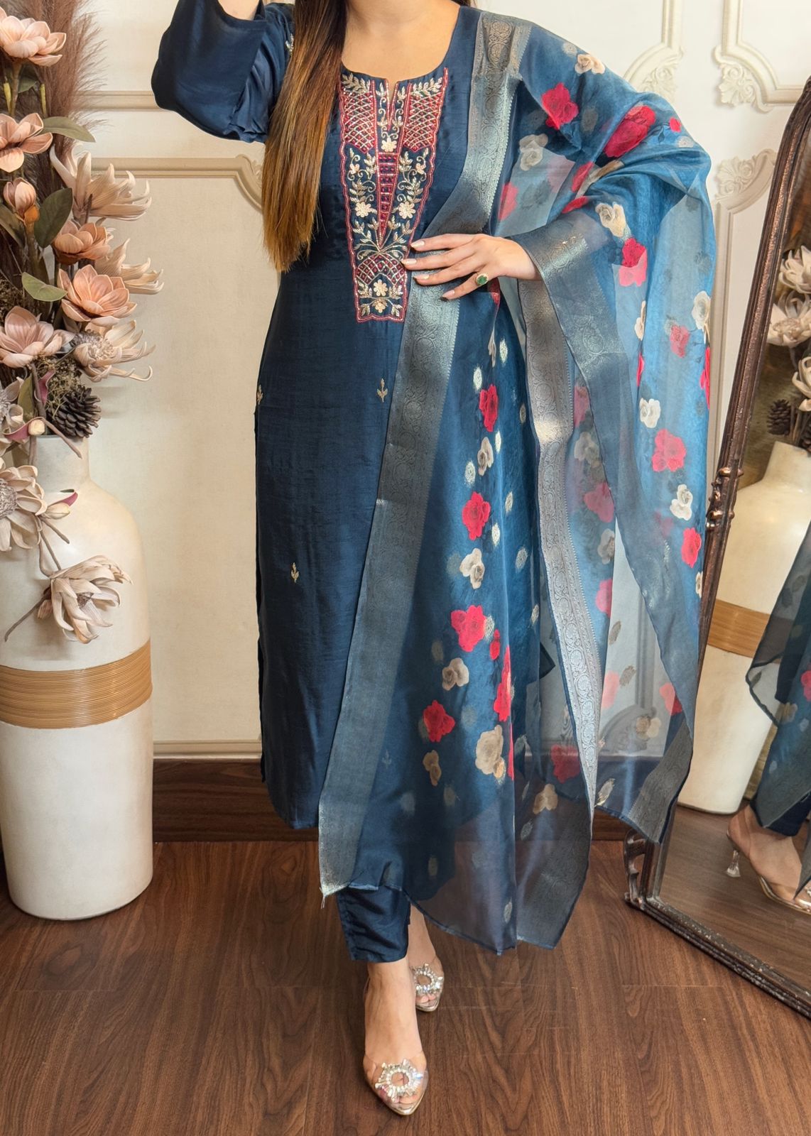 Pure Dola Silk Heavy Hand Work Kurti With Organza Premium Printed Dupatta And Pant.