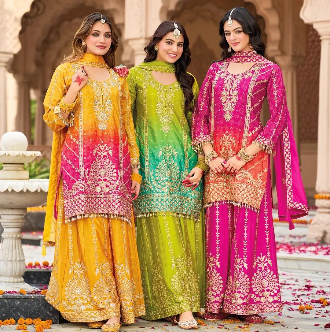 Pure Heavy Chinnon Silk With Digital Print *Heavy Embroidery Coding Sequence Work* With Full Embroidery Sleeve&nbsp;