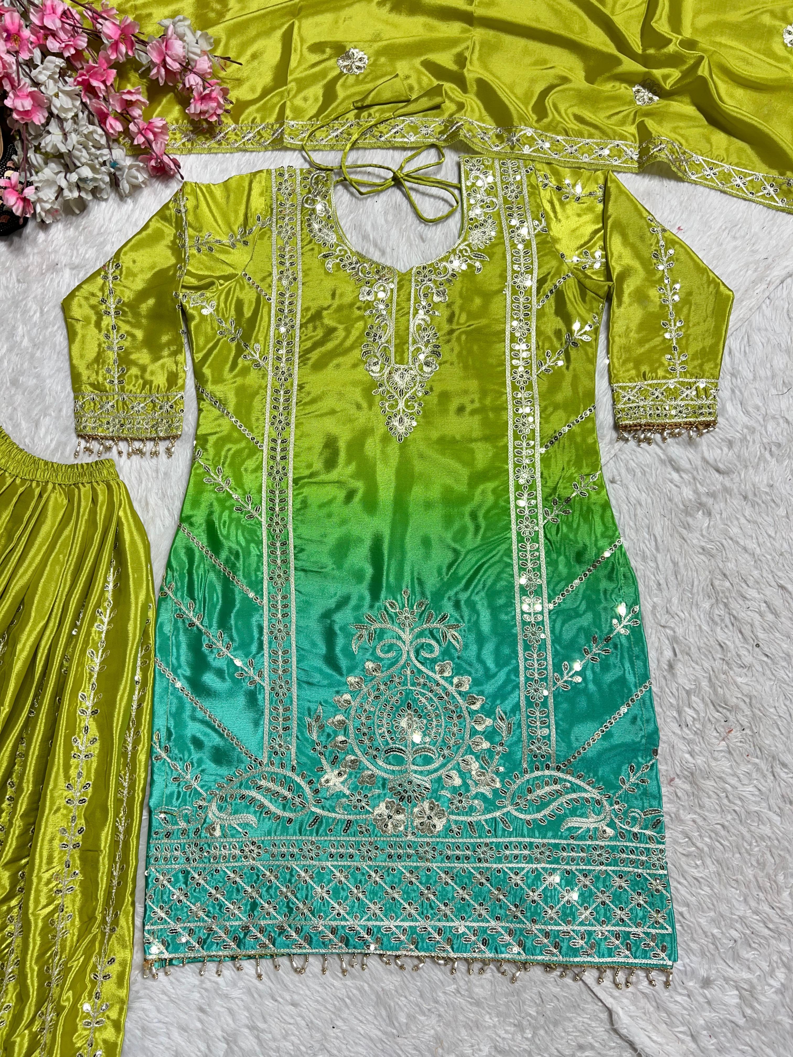 Pure Heavy Chinnon Silk With Digital Print *Heavy Embroidery Coding Sequence Work* With Full Embroidery Sleeve&nbsp;