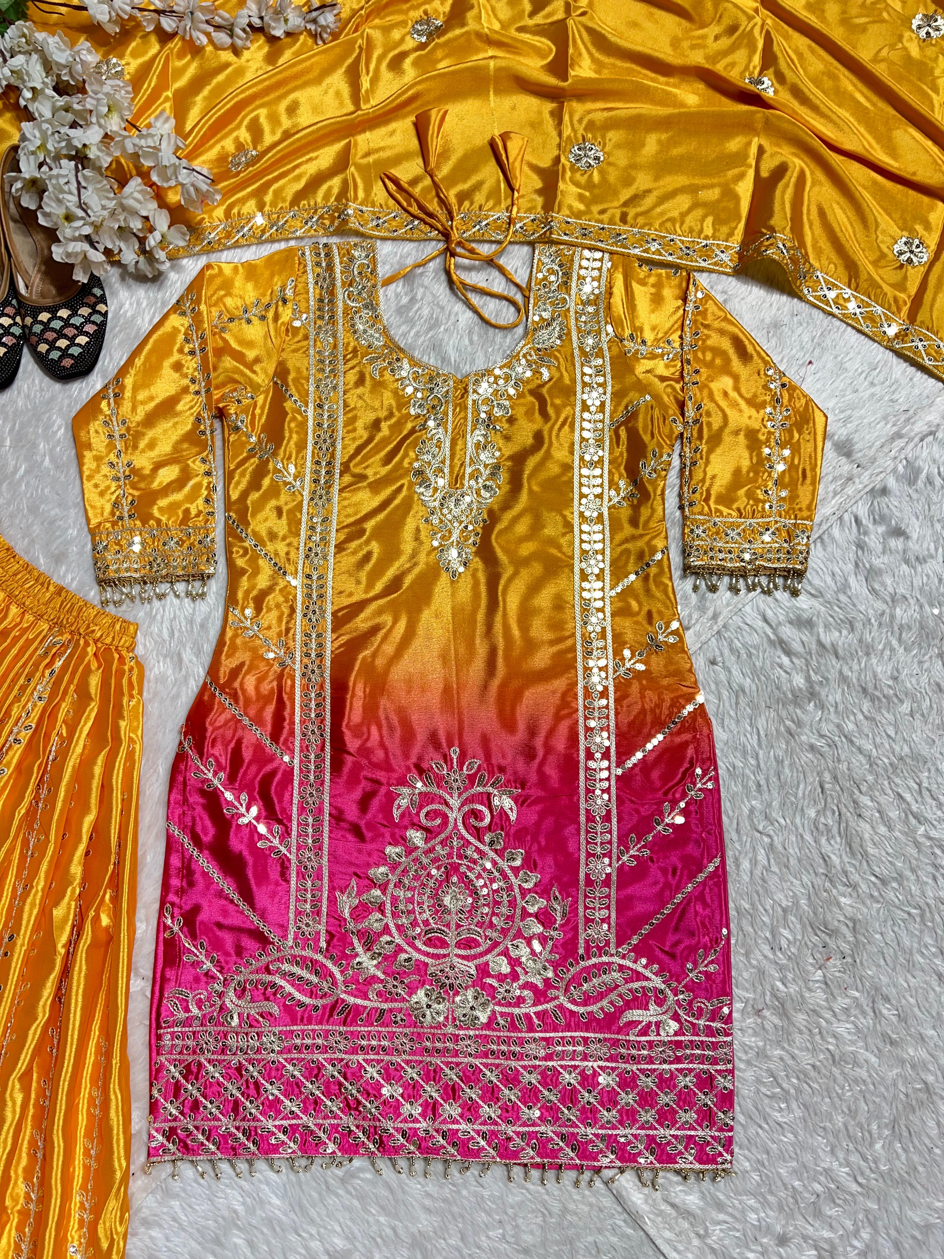 Pure Heavy Chinnon Silk With Digital Print *Heavy Embroidery Coding Sequence Work* With Full Embroidery Sleeve&nbsp;