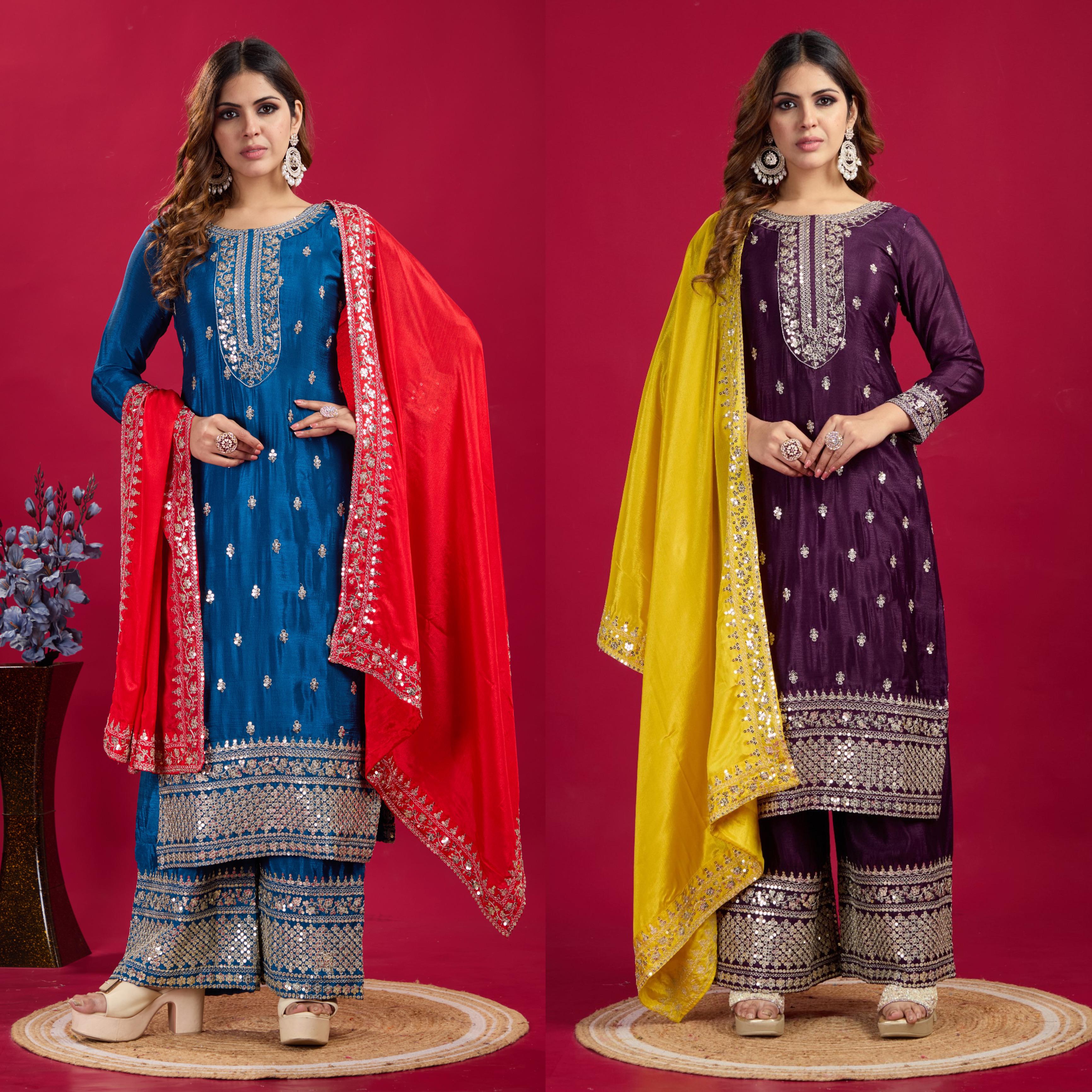 Presenting New Festival Collection In Chinnon And Heavy Embroidery Sequence Work Top-Bottom And Dupatta Set Fully Stitched Ready To Wear