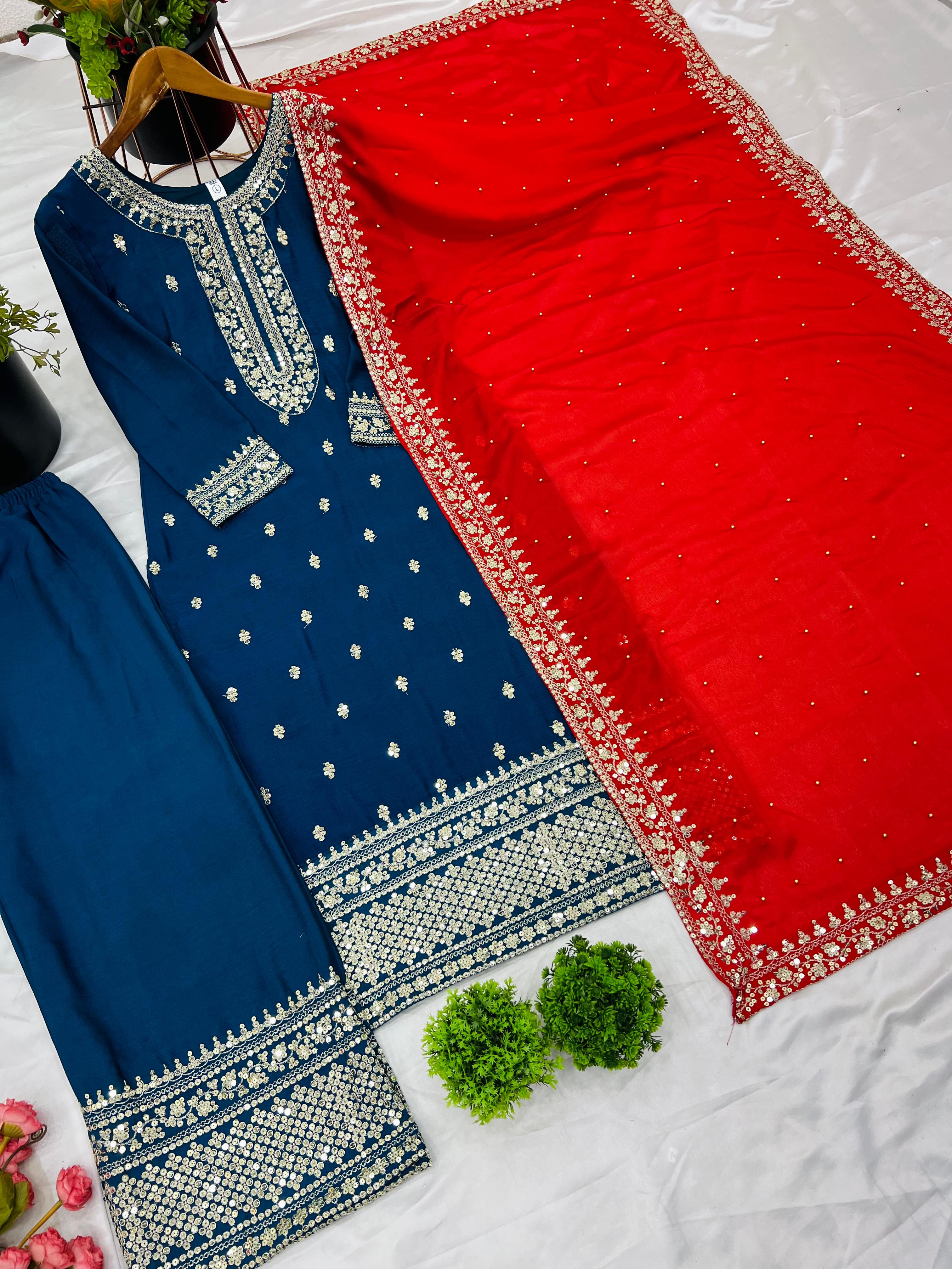 Presenting New Festival Collection In Chinnon And Heavy Embroidery Sequence Work Top-Bottom And Dupatta Set Fully Stitched Ready To Wear