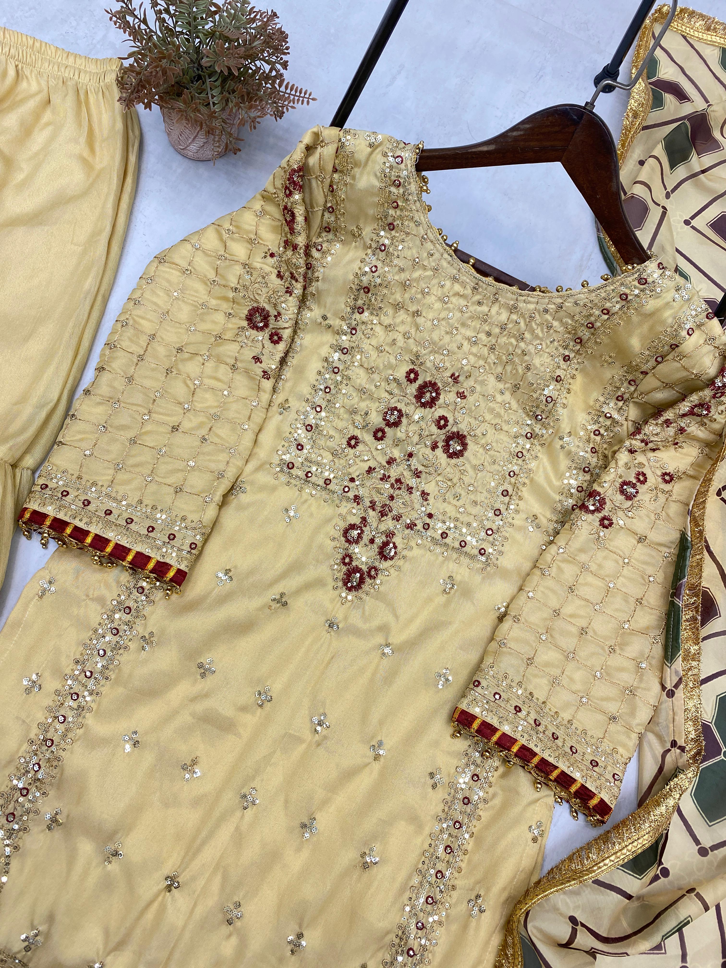 SPECIAL SEQUENCE EMBROIDERY ON LUXURIOUS SILK FABRIC (COSMOS) TOP AND SARARA WITH DUPATTA*