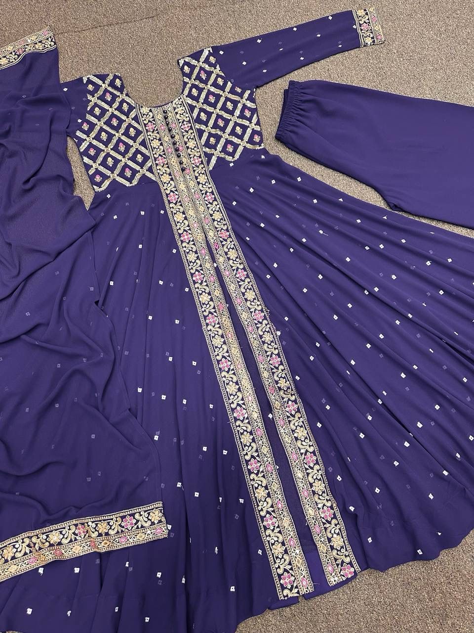 PRESERNTING NEW FANCY EMBROIDERY 5mm SEQUENCE WORK OPEN GOWN-PLAZZO WITH DUPATTA 👍*