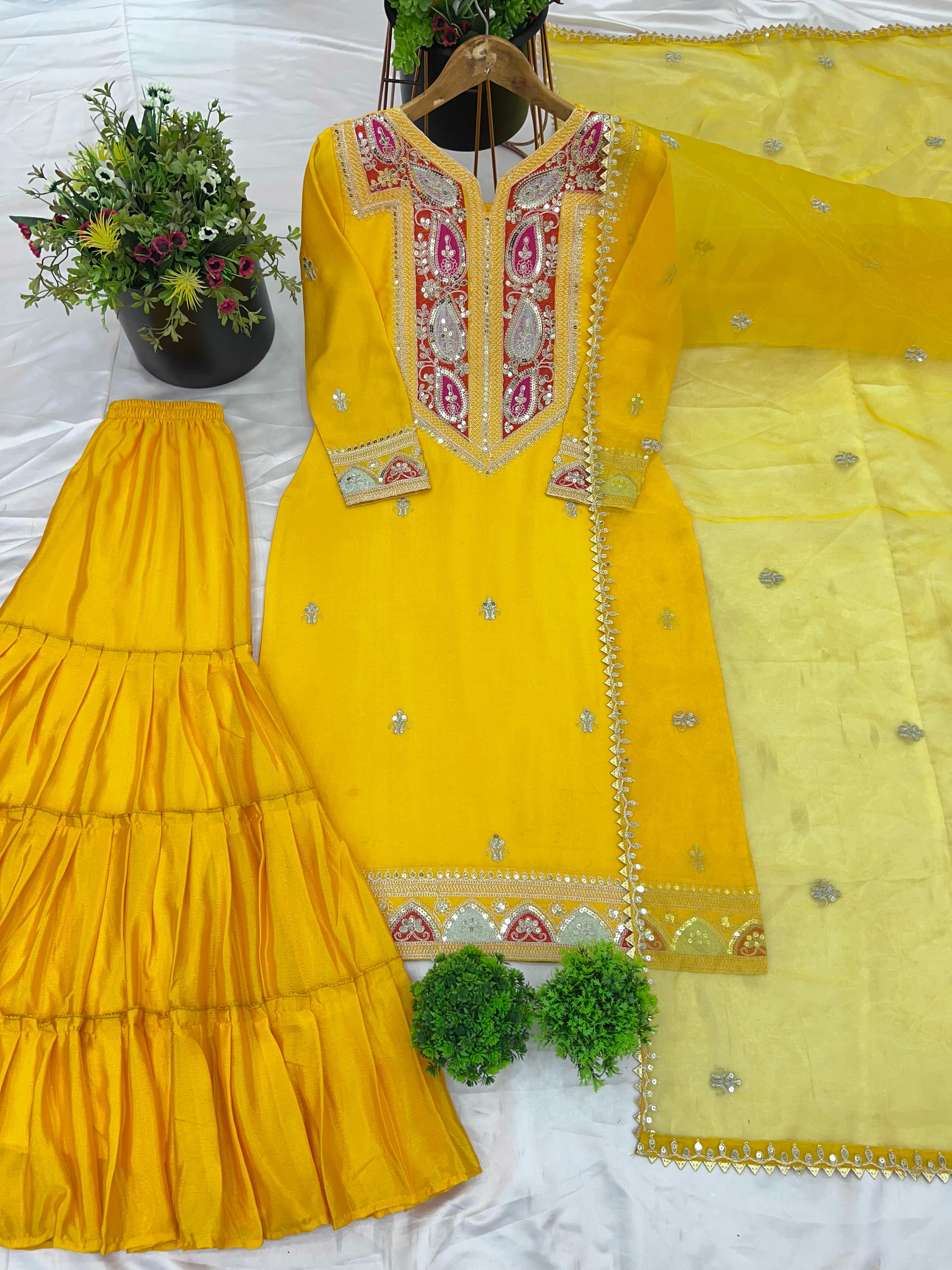 Presenting New Heavy Embroidery Sequence Work Top-Gharara And Dupatta Set Fully Stitched Ready To Wear Collection 🔥😍🥰*