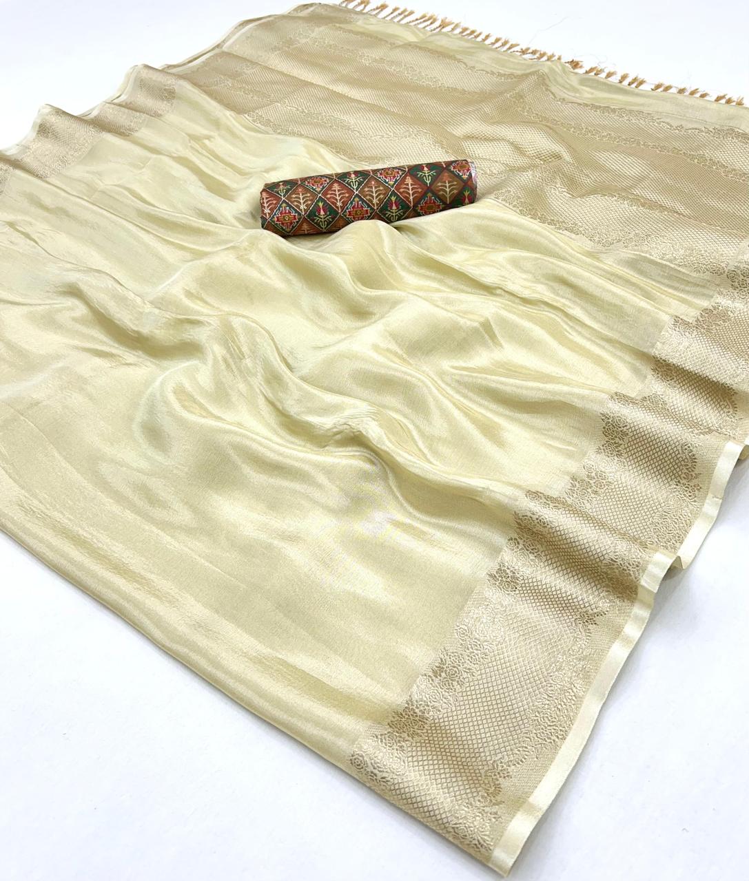 Pure Viscose Tissue Zari Weaving Border &amp; Pallu With Position Print Blouse*