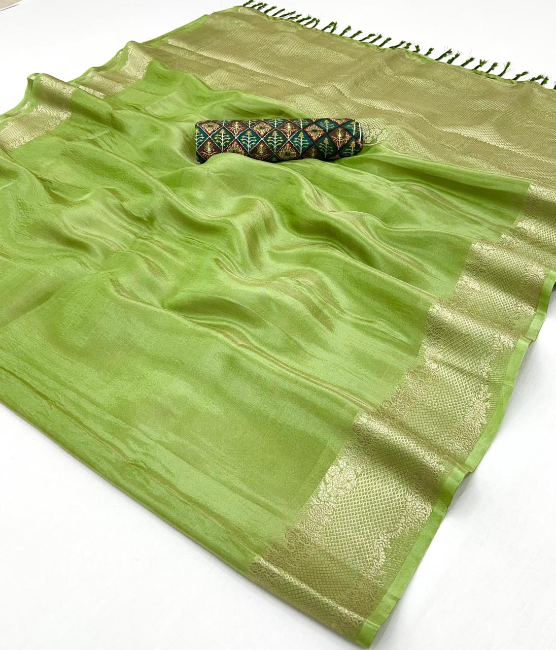 Pure Viscose Tissue Zari Weaving Border &amp; Pallu With Position Print Blouse*