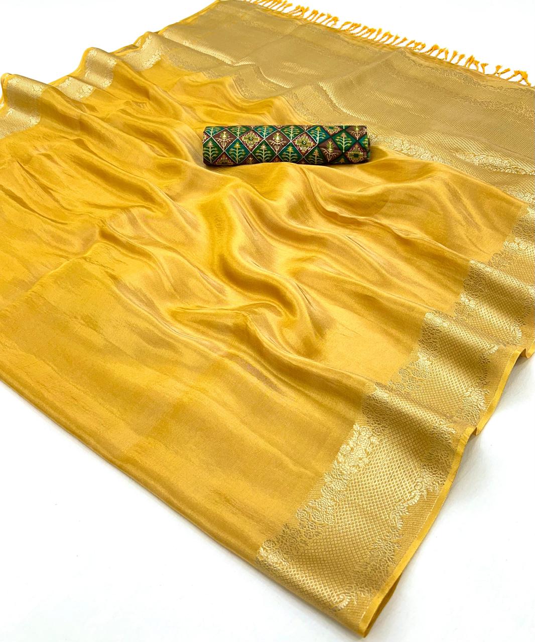 Pure Viscose Tissue Zari Weaving Border &amp; Pallu With Position Print Blouse*