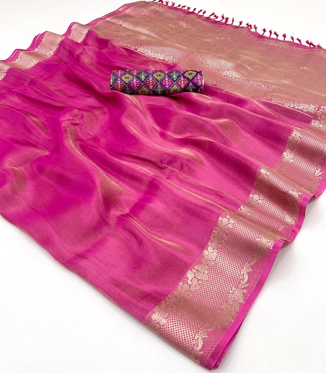 Pure Viscose Tissue Zari Weaving Border &amp; Pallu With Position Print Blouse*