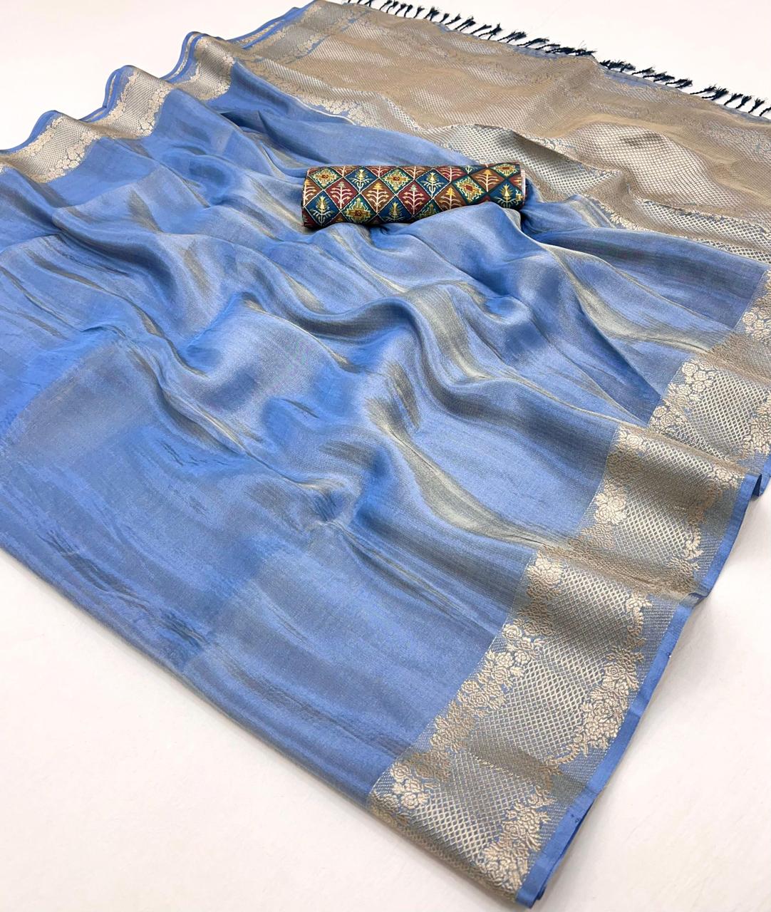 Pure Viscose Tissue Zari Weaving Border &amp; Pallu With Position Print Blouse*