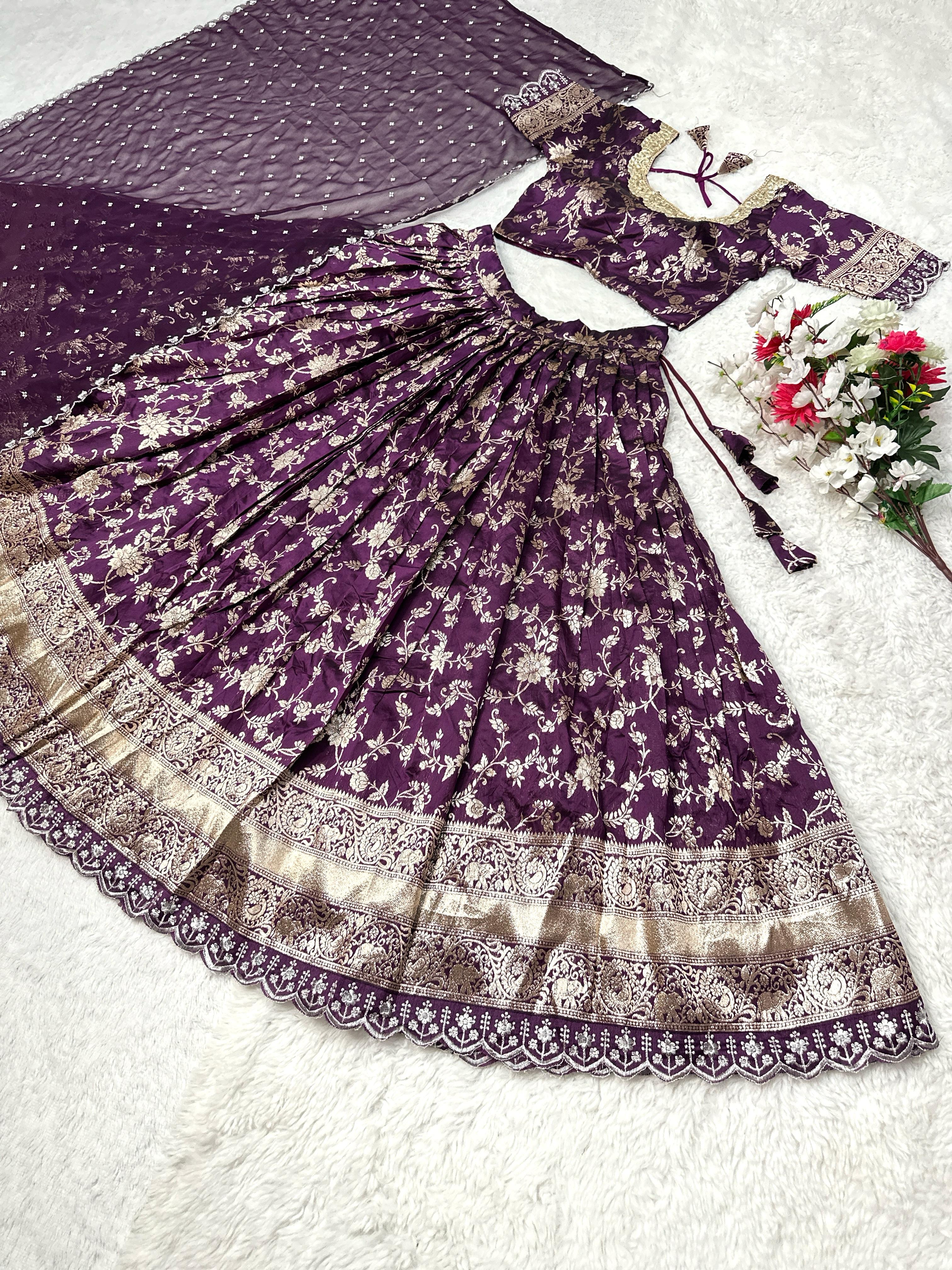 Introducing Most Tranding our Fully Stitched Jacquard Lehenga Choli With beautiful embroidery Work a perfect blend of luxury and tradition For any Occasion*&nbsp;