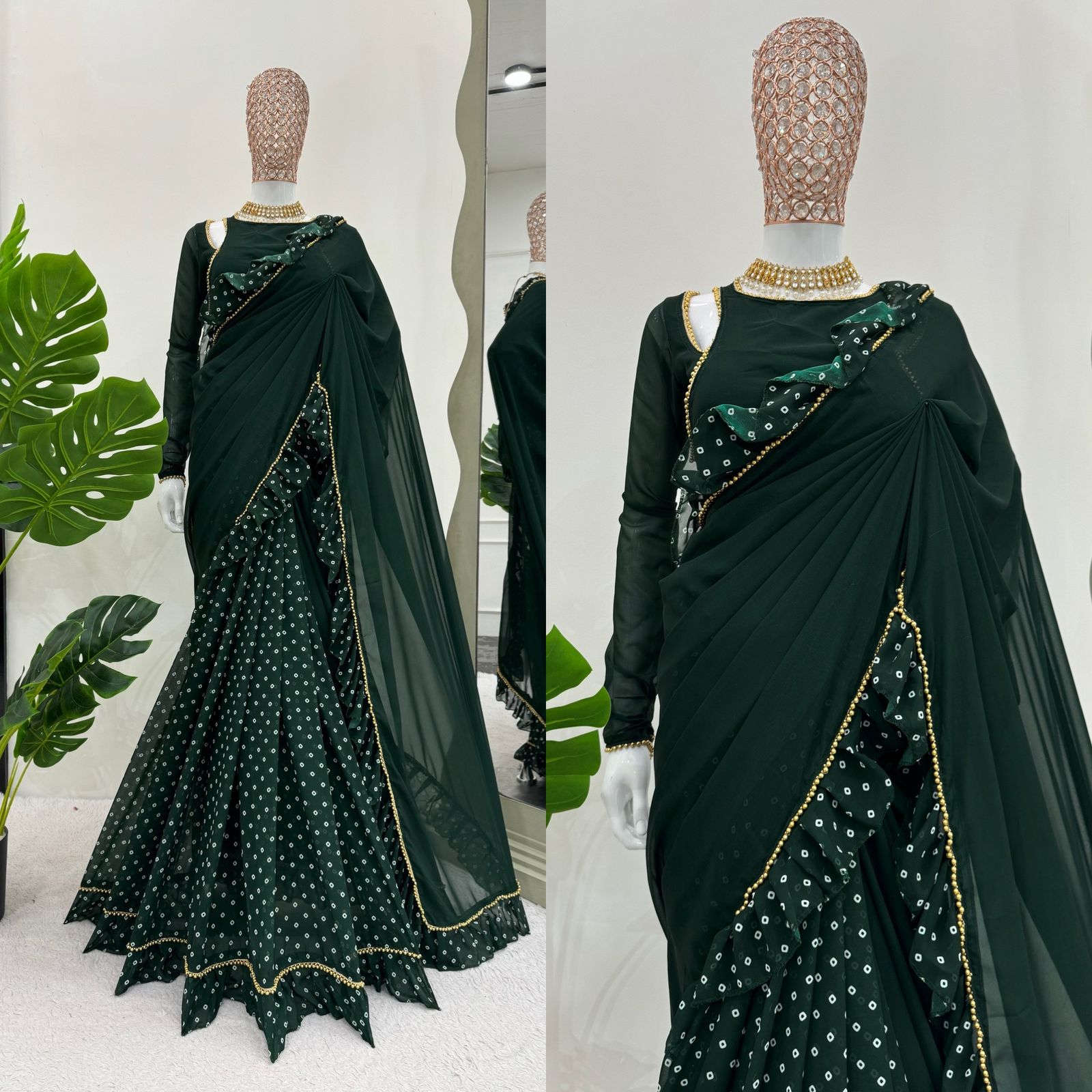 Looking some one for this same colour beautiful Designer 1M Ready to Wear Saree on Faux Georgette Febric with Ruffle