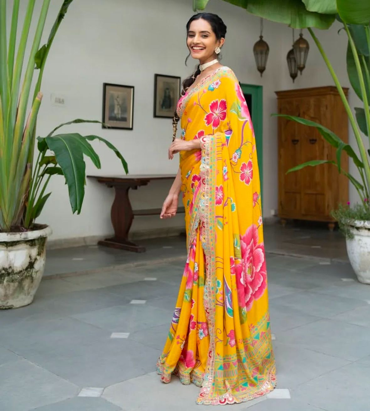 Pure CHINON fabric printed saree with Beautiful Multicolored Embroidery Coding Sequins Lace….*