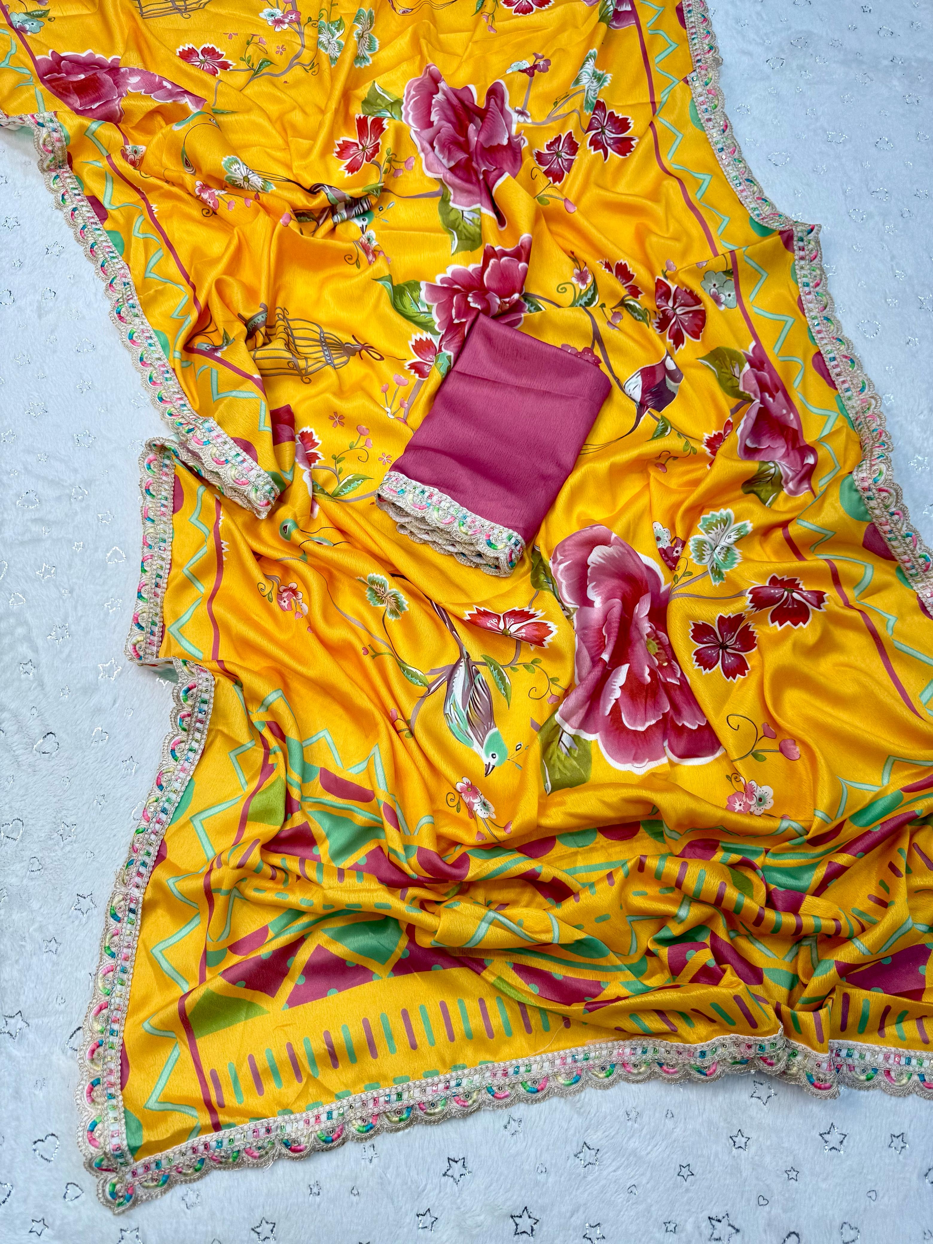 Pure CHINON fabric printed saree with Beautiful Multicolored Embroidery Coding Sequins Lace….*