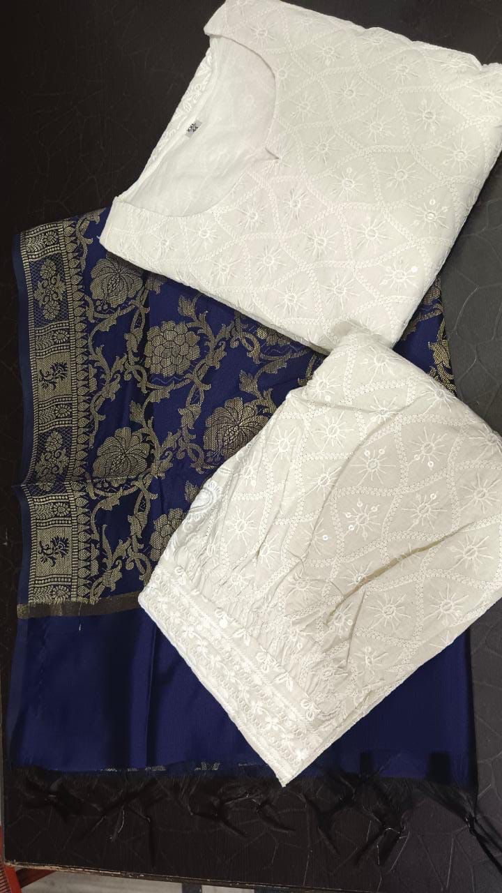 Feel a beautiful vibes of the charming power beautiful chikankari with banarasi style suit set.