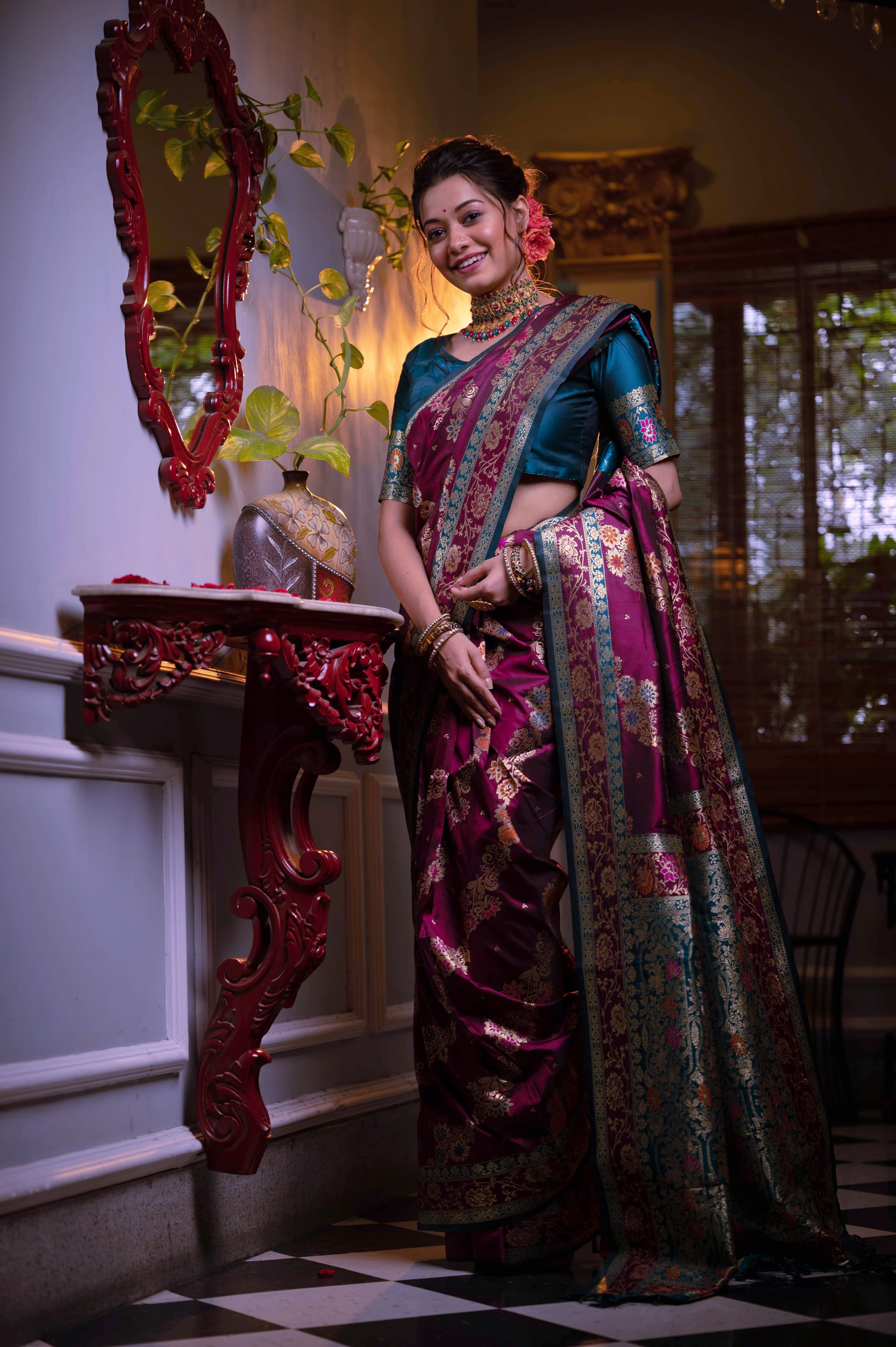 Soft Banarasi Silk Saree with all over colourfull meena Weaves Pattern