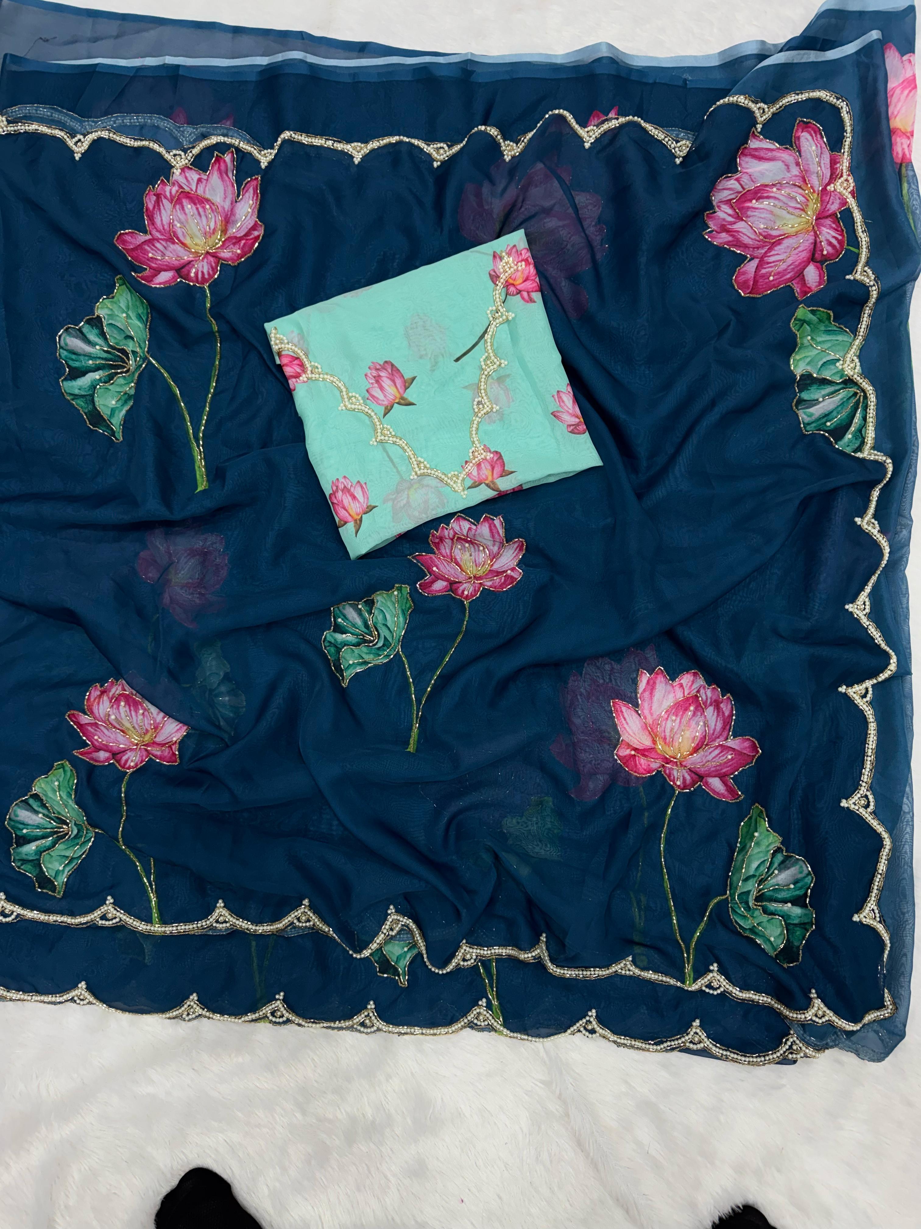 Beautiful floral print with beads and katdana handwork in border