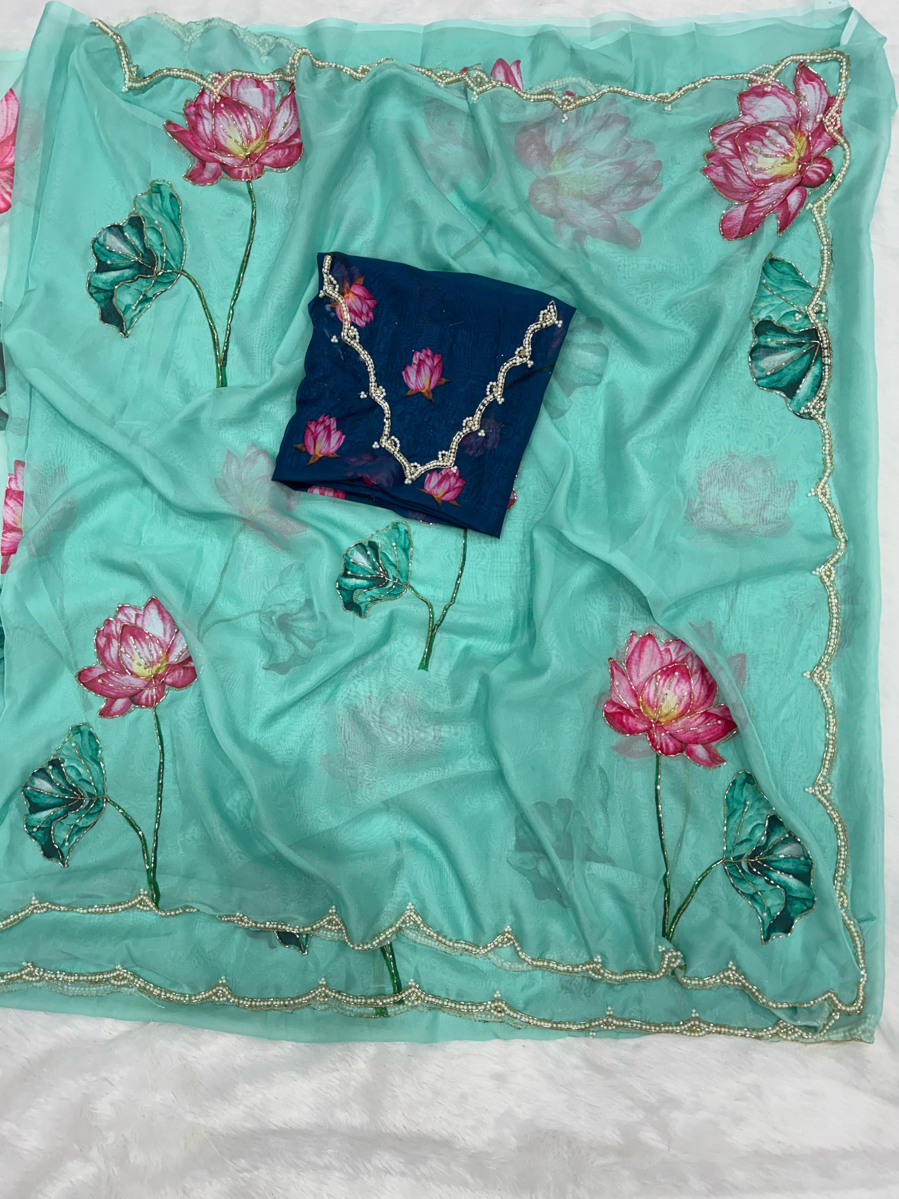 Beautiful floral print with beads and katdana handwork in border