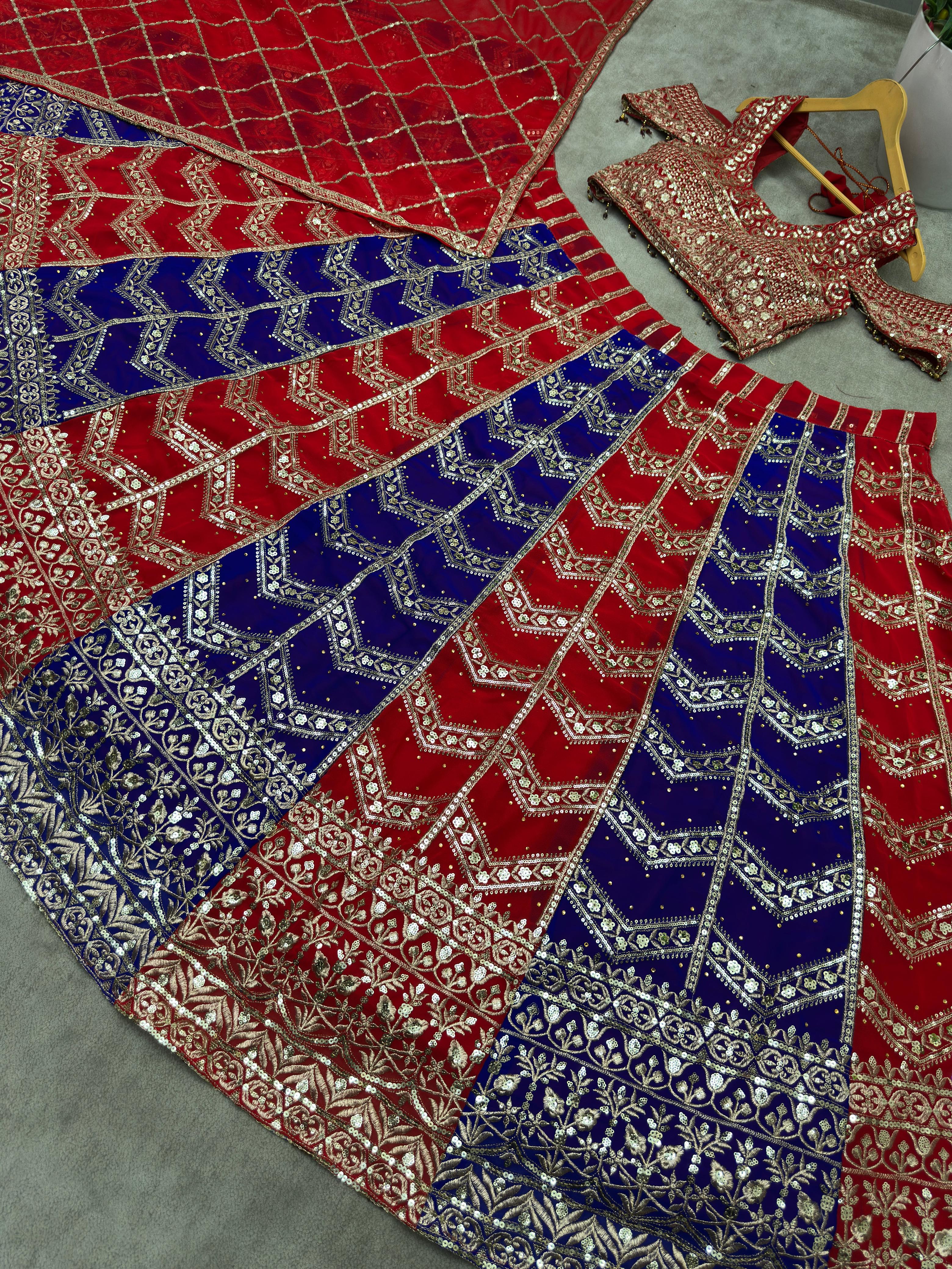 LEHNGA:PURE FAUX GEORGEET WITH 3MM AND 5MM EMBROIDERY SEQUENCE DESIGN WORK*