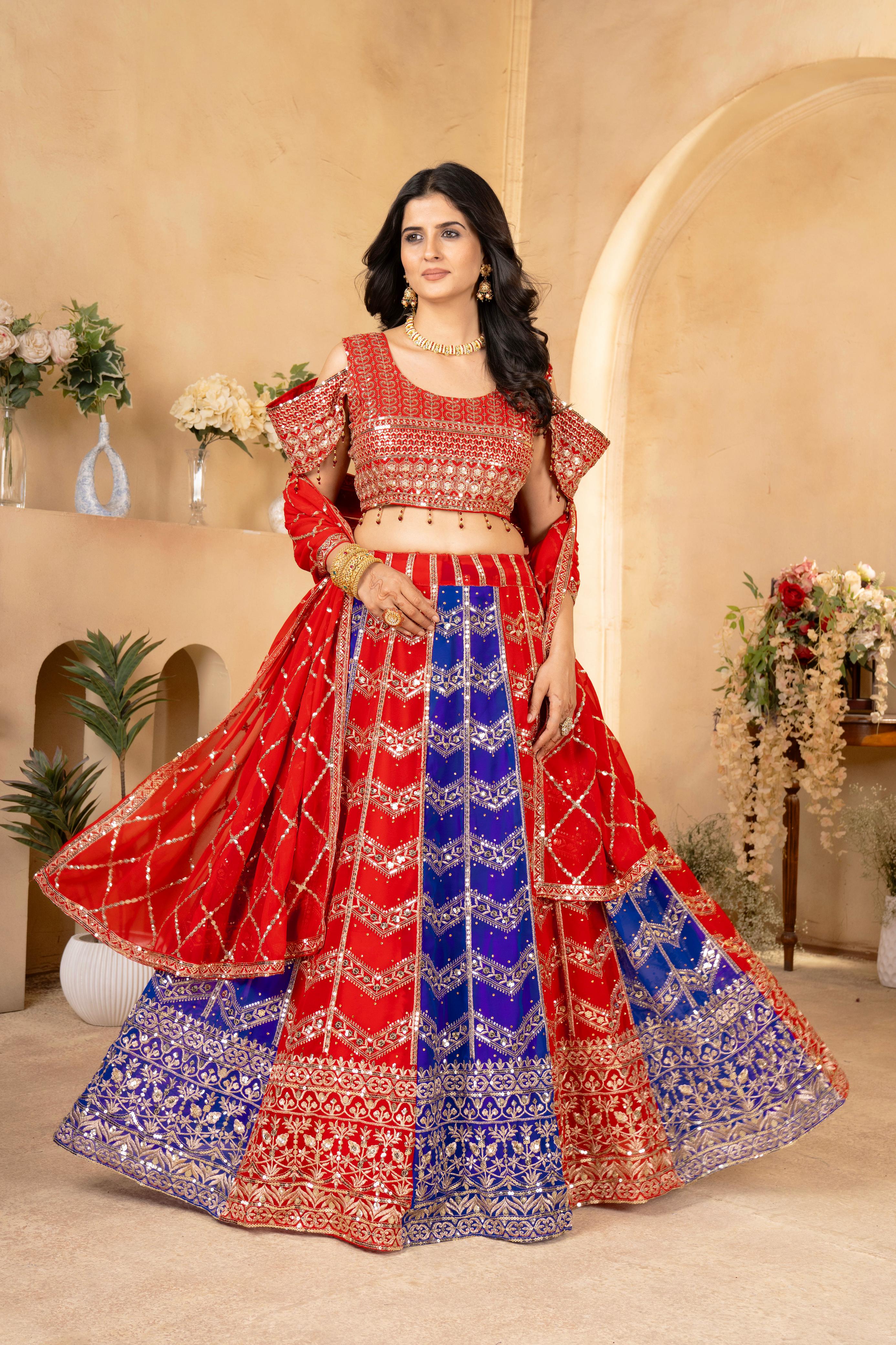 LEHNGA:PURE FAUX GEORGEET WITH 3MM AND 5MM EMBROIDERY SEQUENCE DESIGN WORK*