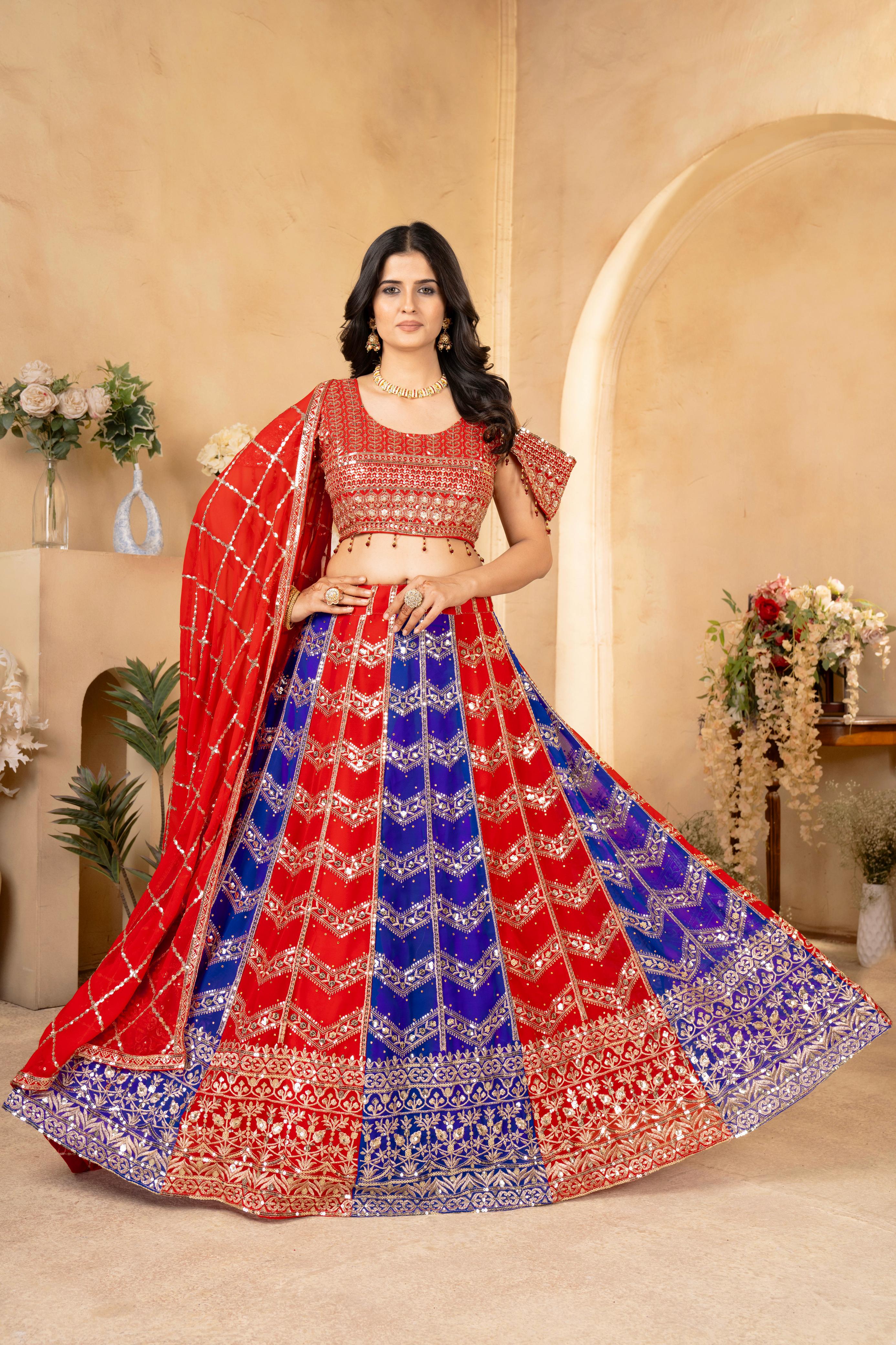 LEHNGA:PURE FAUX GEORGEET WITH 3MM AND 5MM EMBROIDERY SEQUENCE DESIGN WORK*