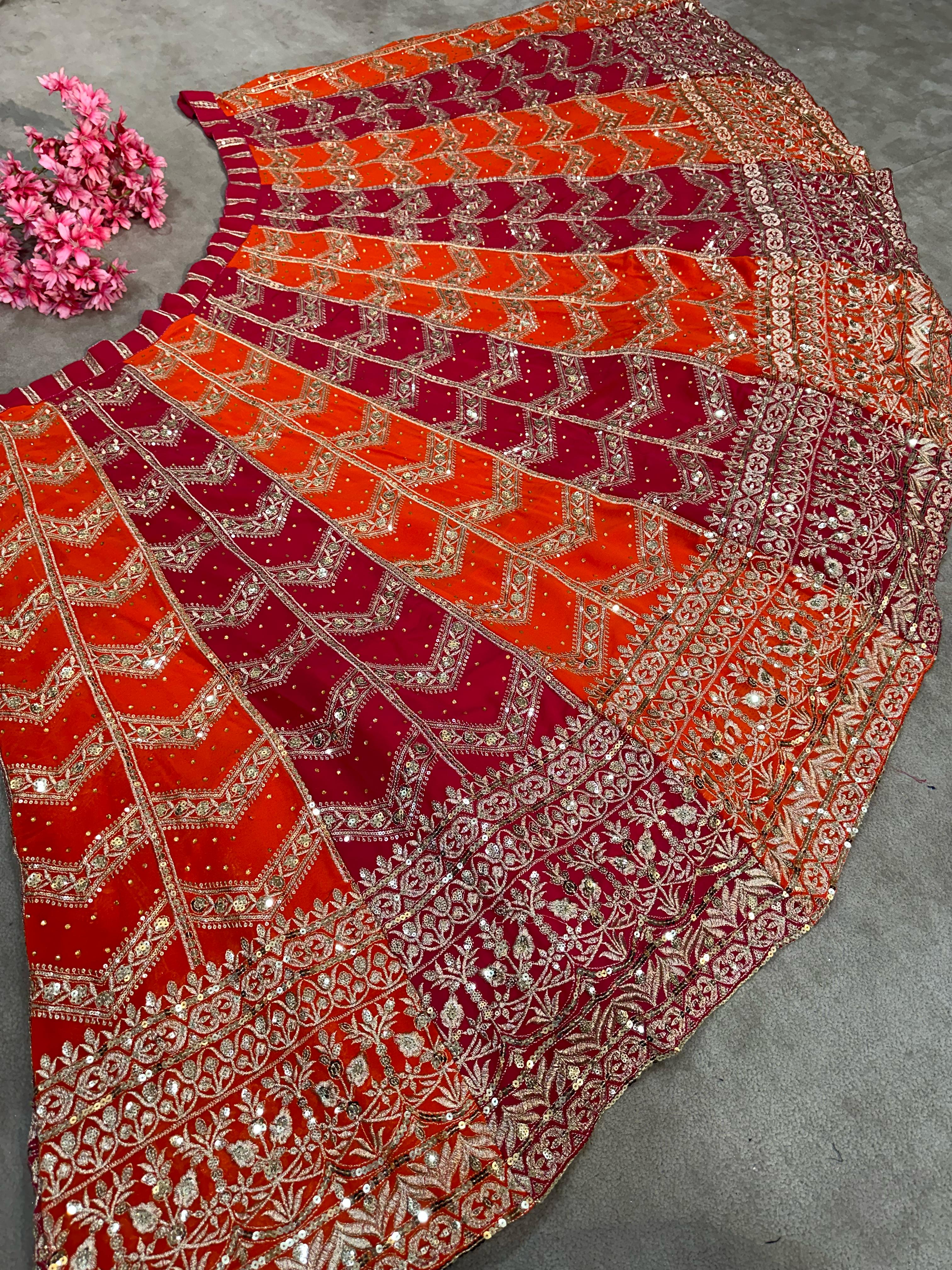 LEHNGA:PURE FAUX GEORGEET WITH 3MM AND 5MM EMBROIDERY SEQUENCE DESIGN WORK*