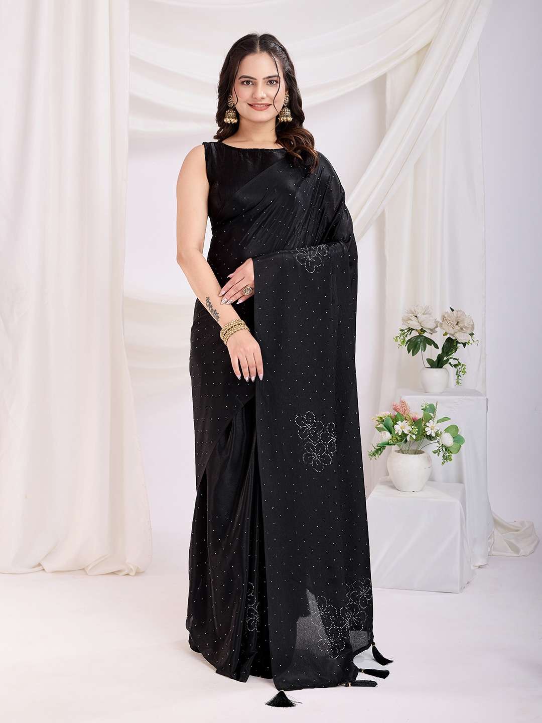 Ready to Wear Saree Fabric Black - Rangoli Silk and Blouse - Mono Banglory - My Store